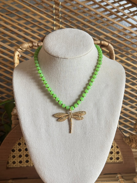 green beaded dragonfly necklace