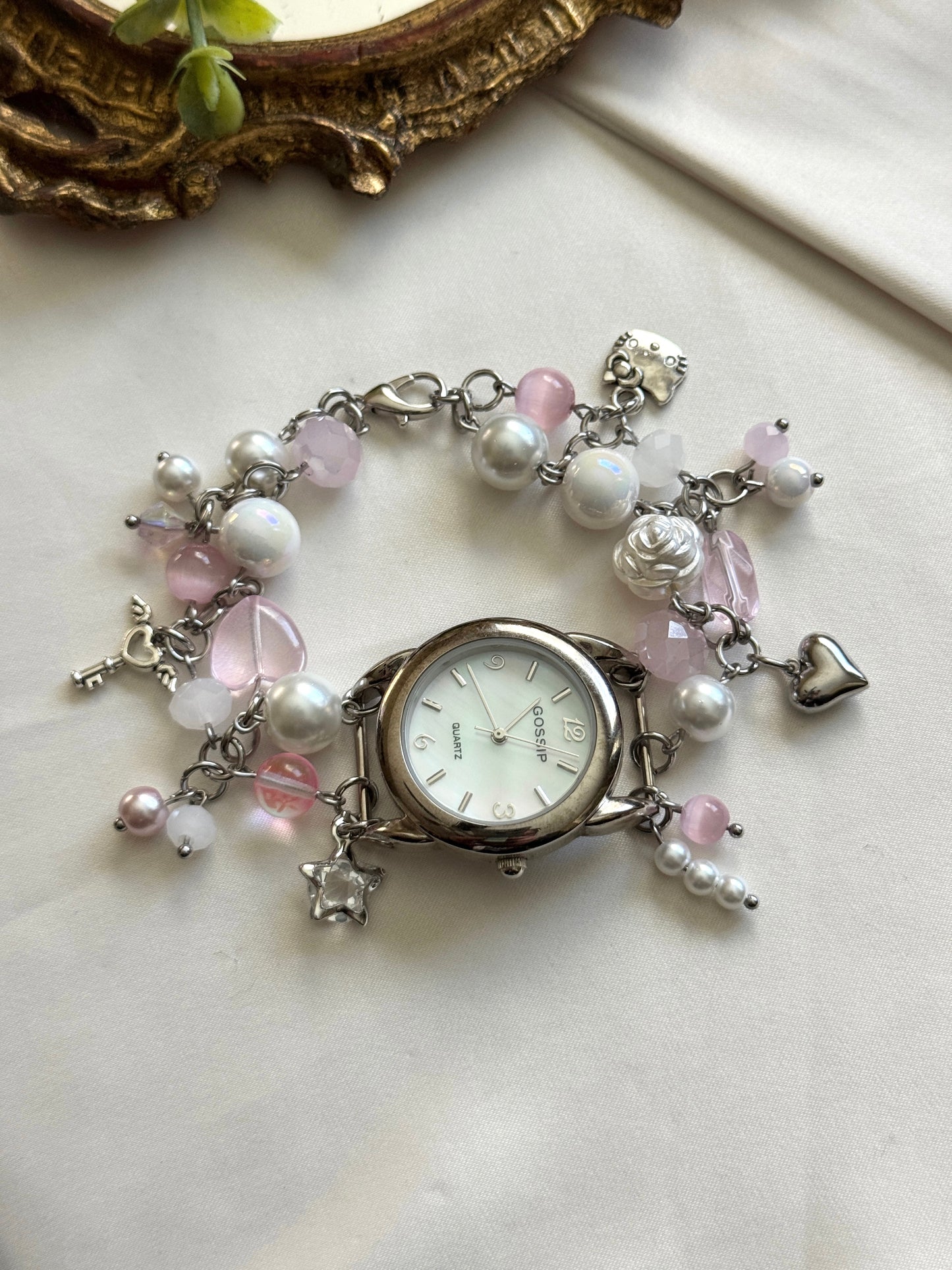 pink & pearl mother of pearl watch charm bracelet