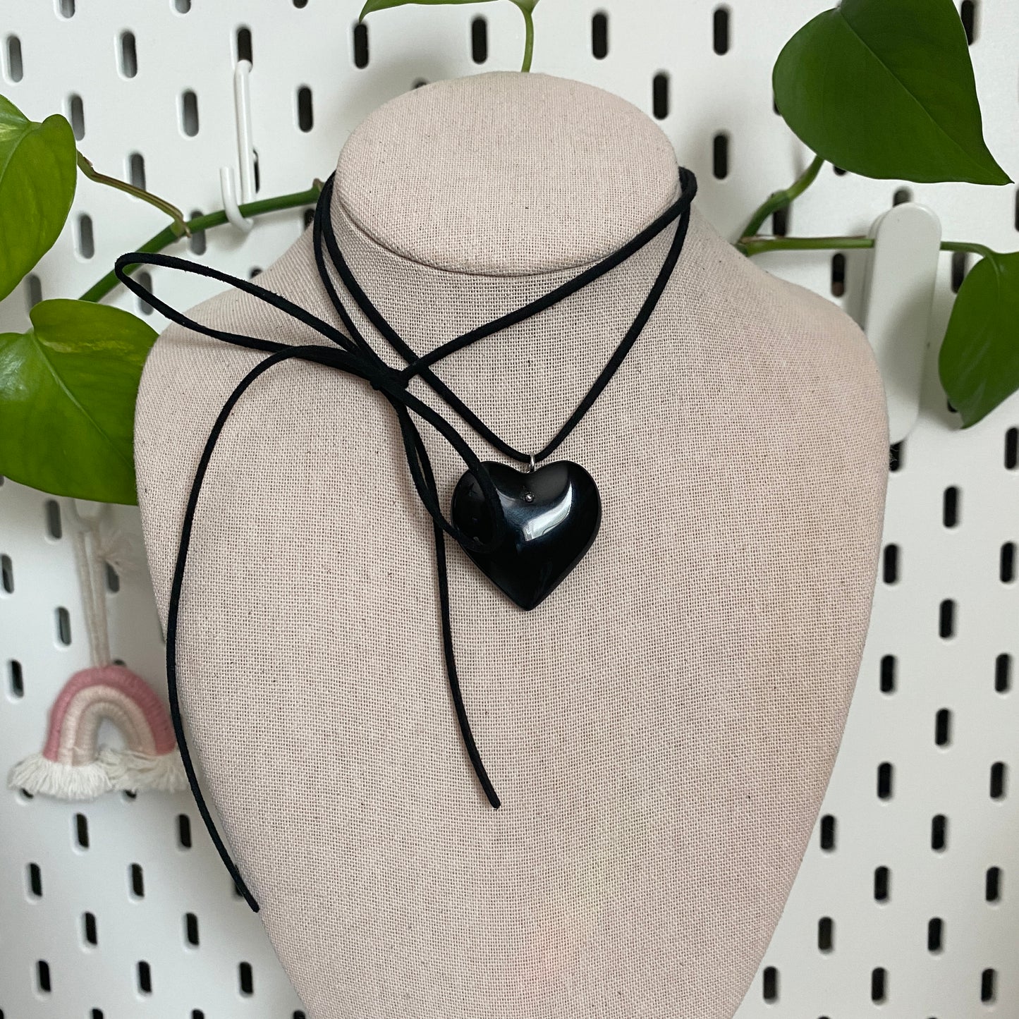 black large glass heart suede cord necklace