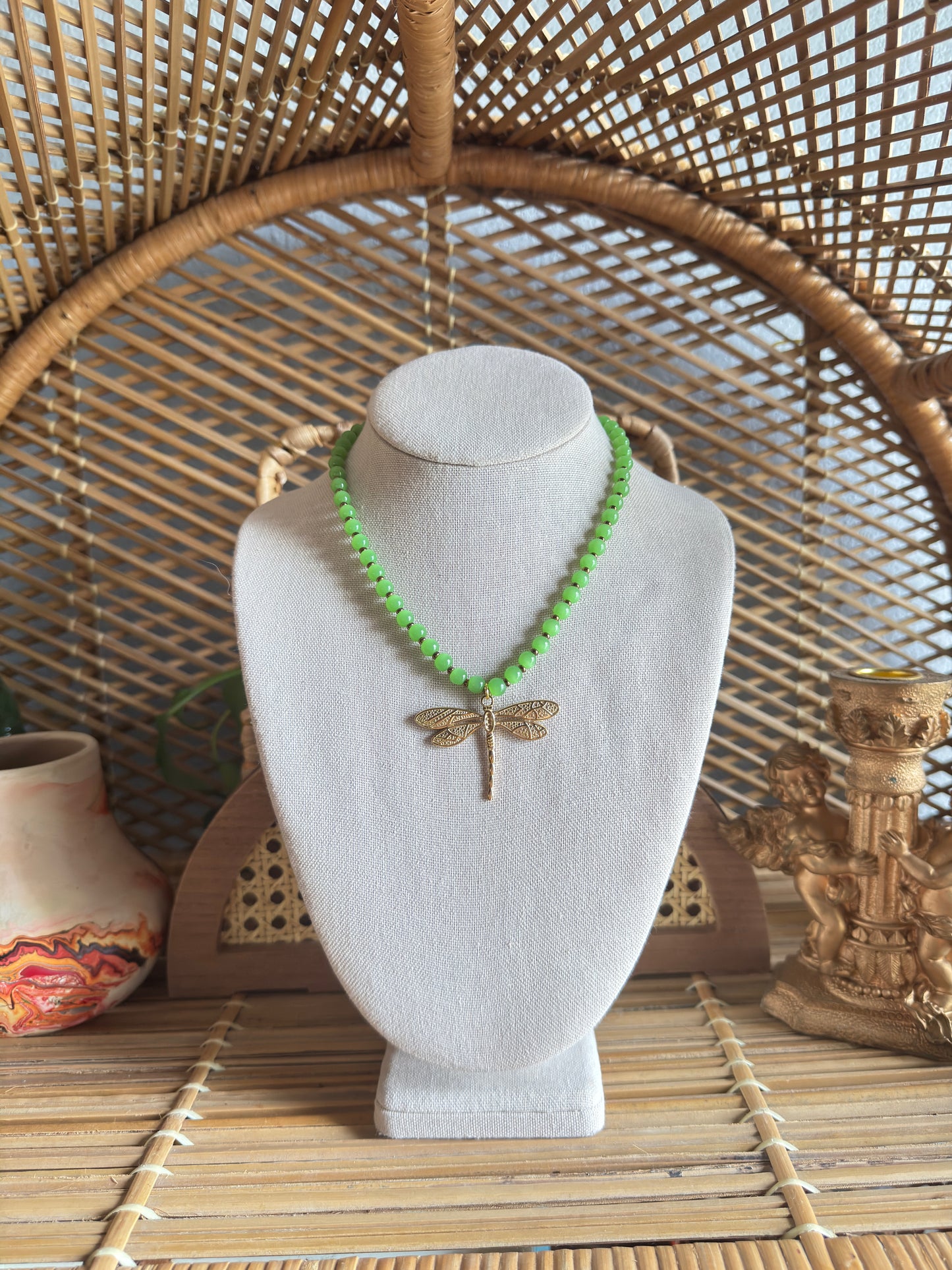 green beaded dragonfly necklace