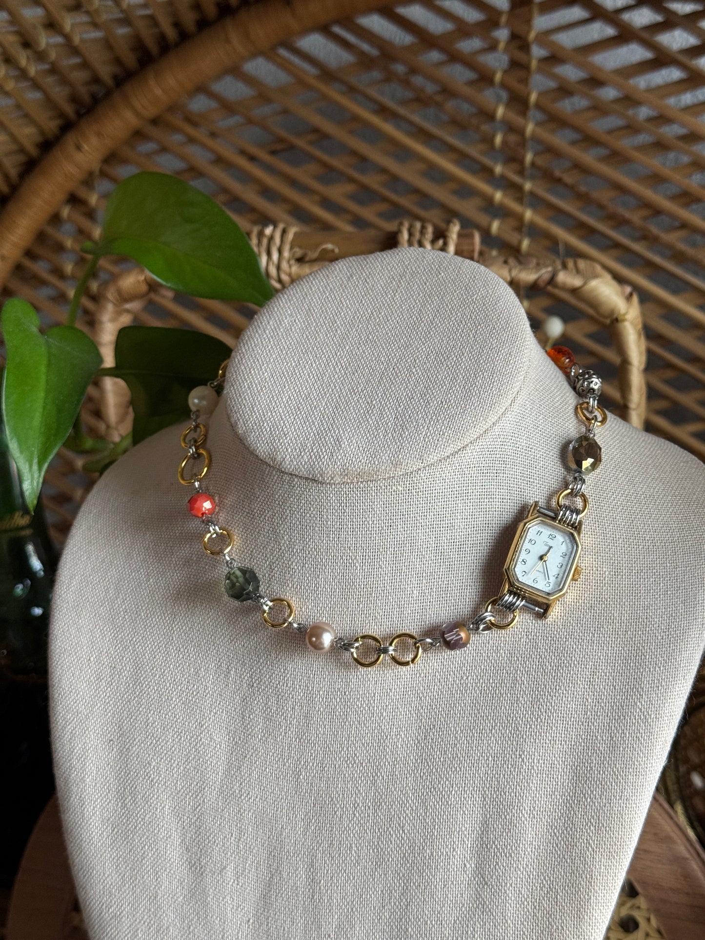 mixed metal garden watch necklace