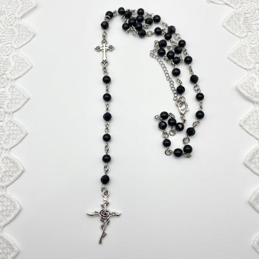 small holy trinity - in black rosary necklace