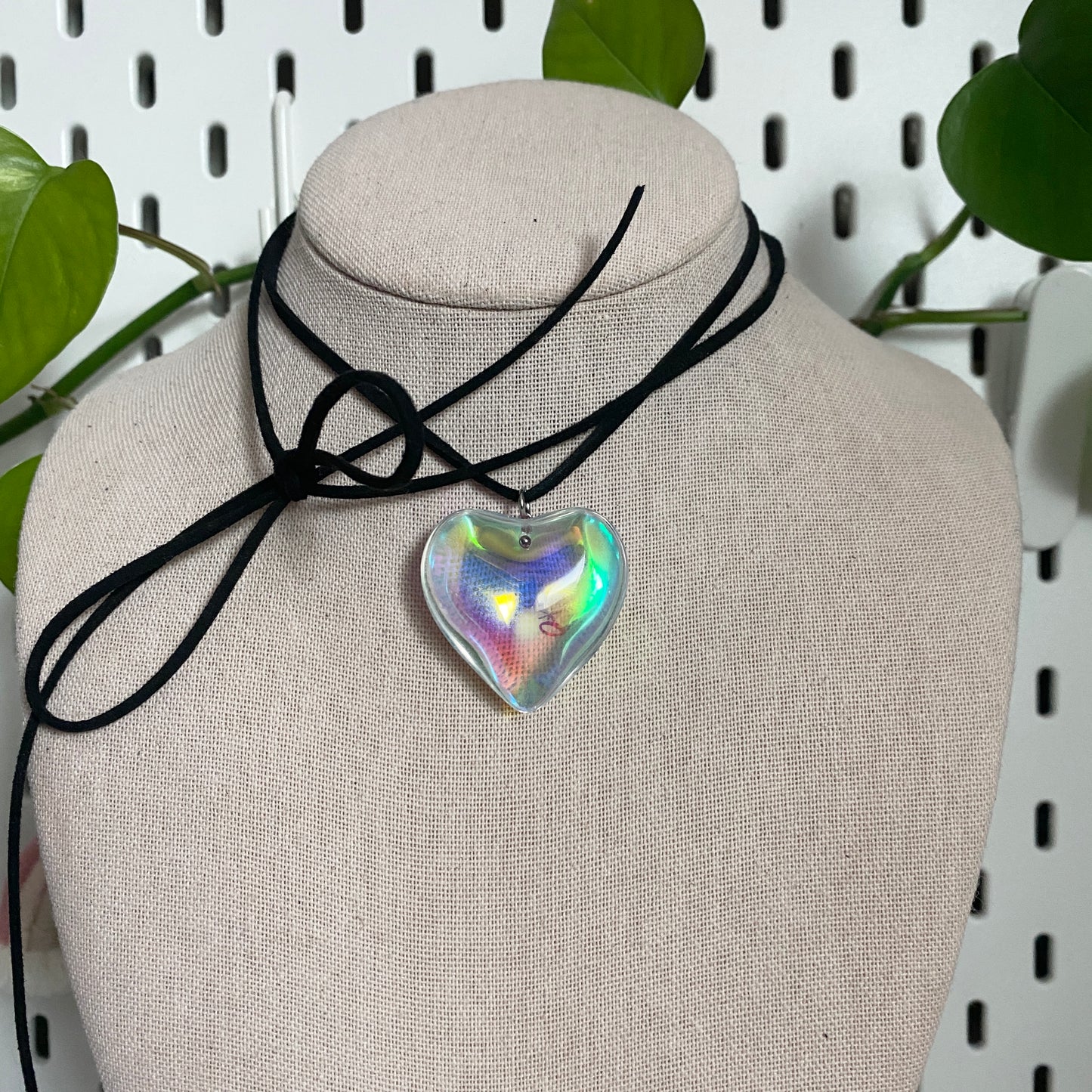 holographic large glass heart suede cord necklace