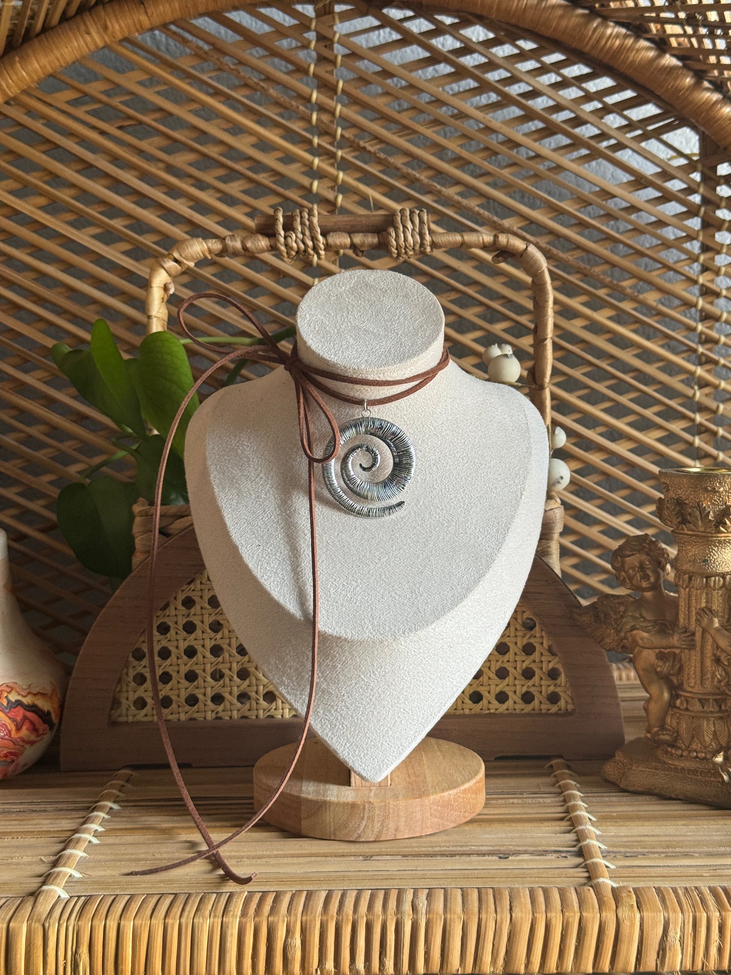 large stainless steel tibetan swirl brown suede necklace