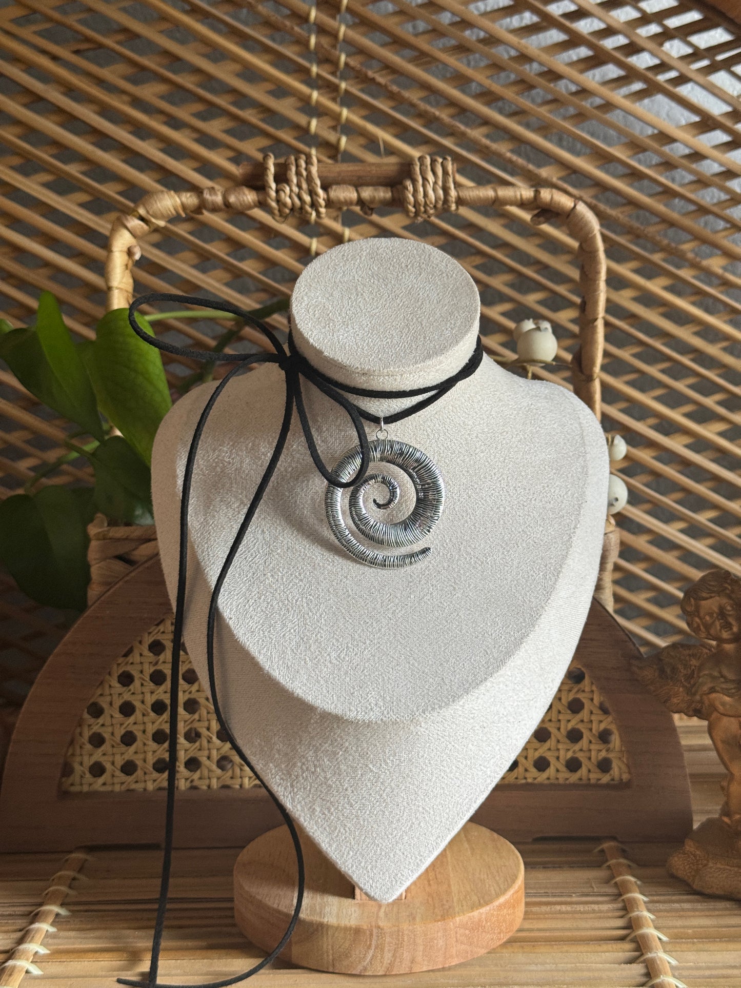 large stainless steel tibetan swirl black suede necklace