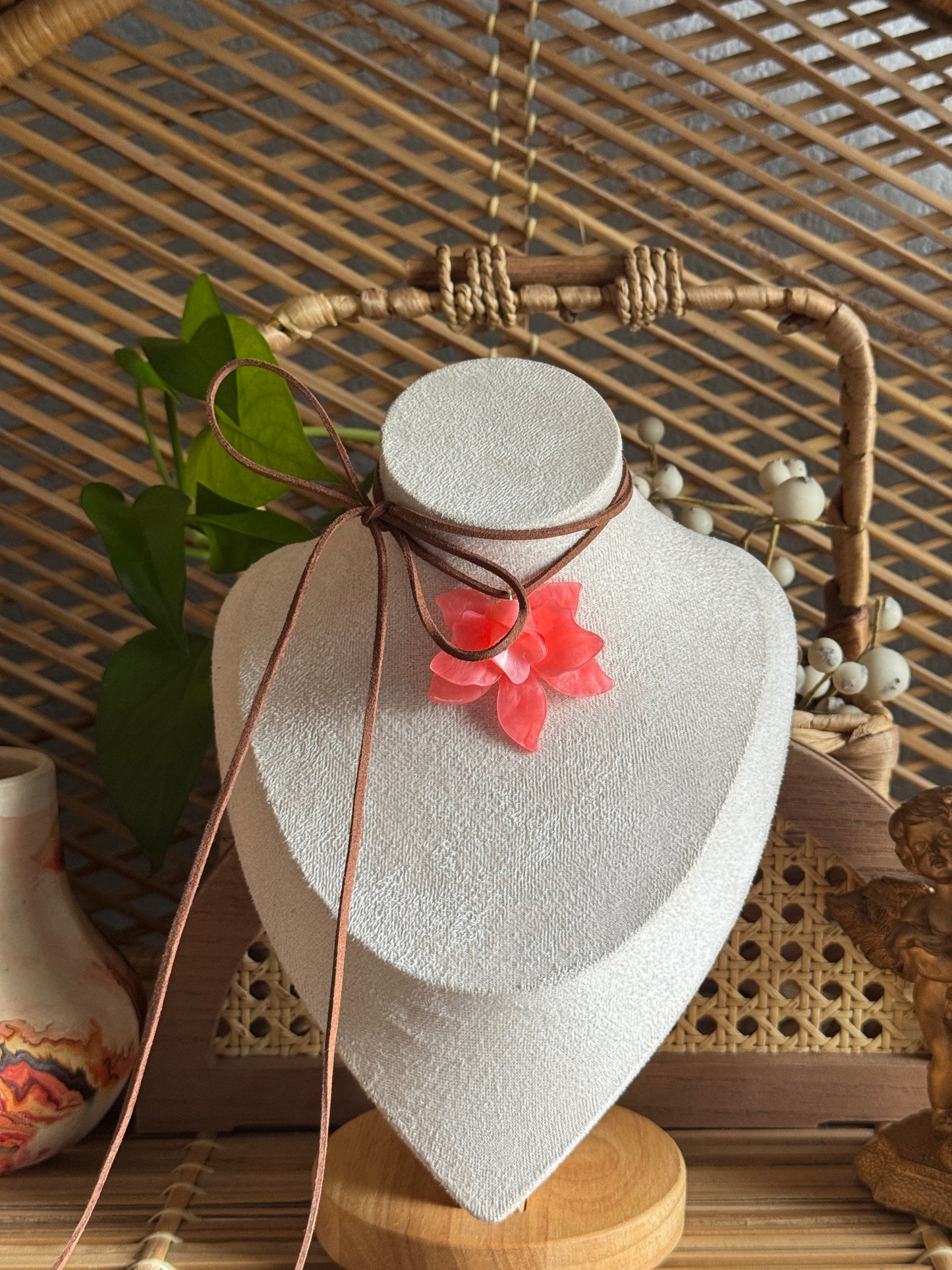 pink peach flower suede cord necklace