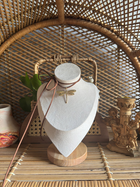 gold dragonfly brown suede necklace