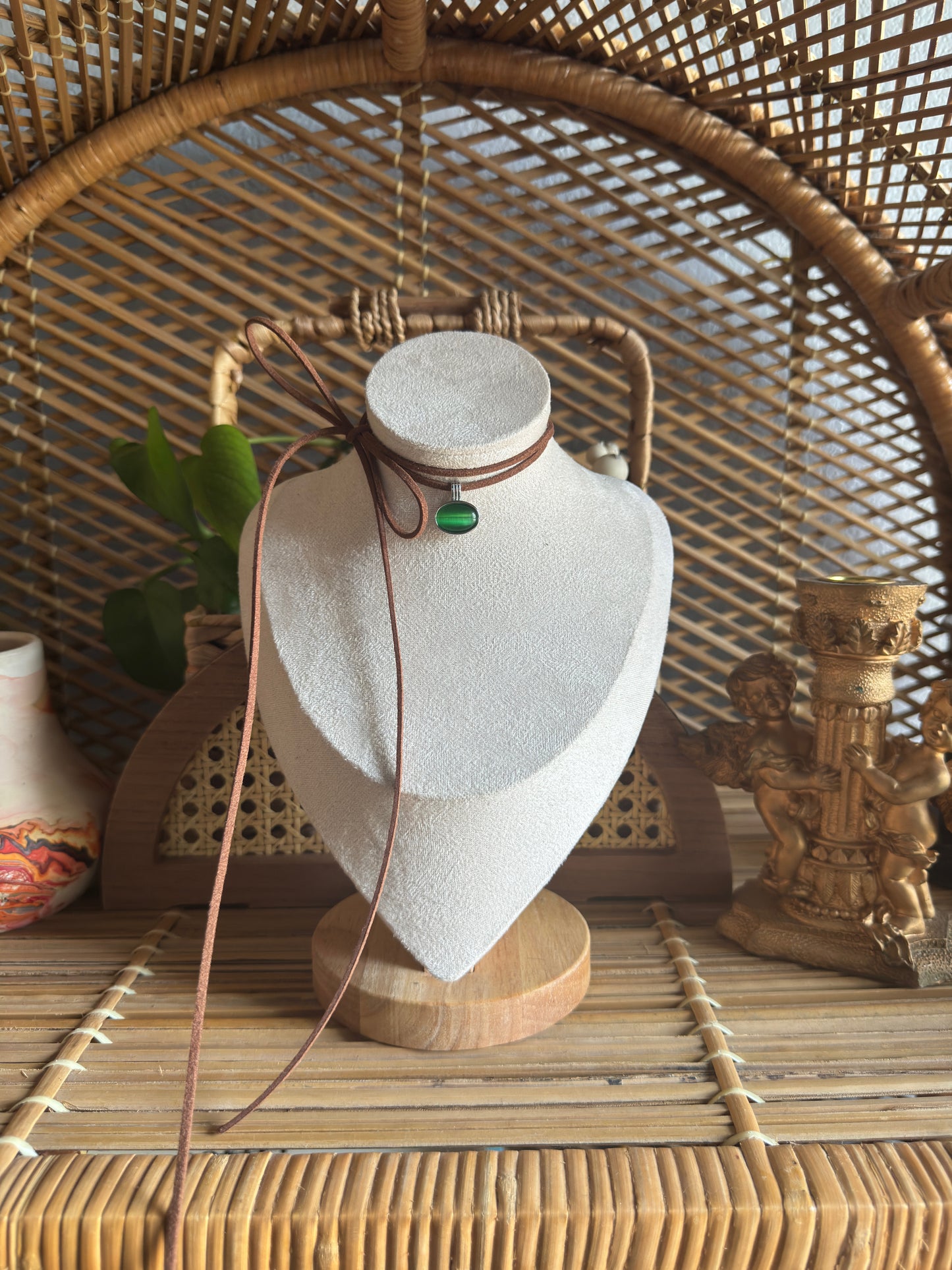 green cat eye stainless steel brown suede necklace