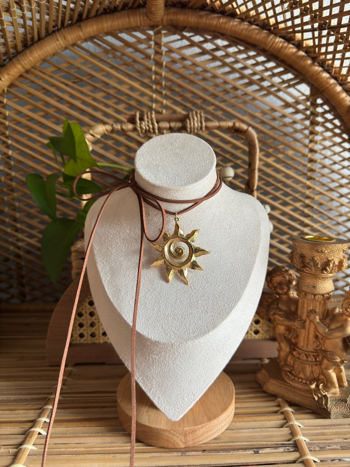 gold sun suede cord necklace