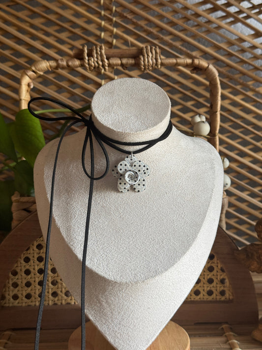 polka dot flower black suede cord necklace