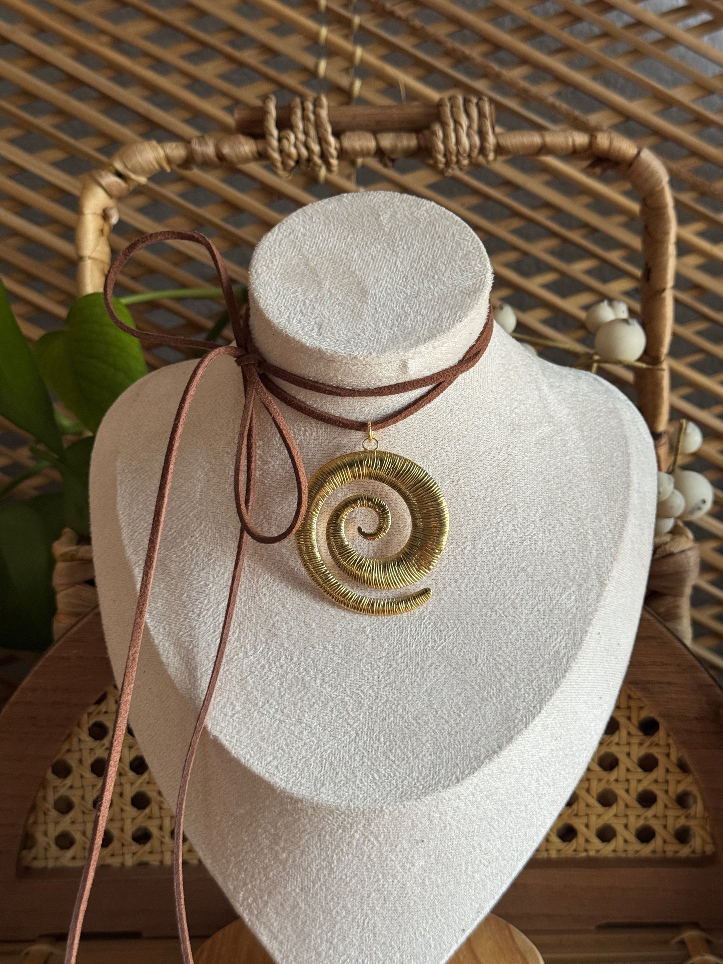 large gold swirl brown suede necklace
