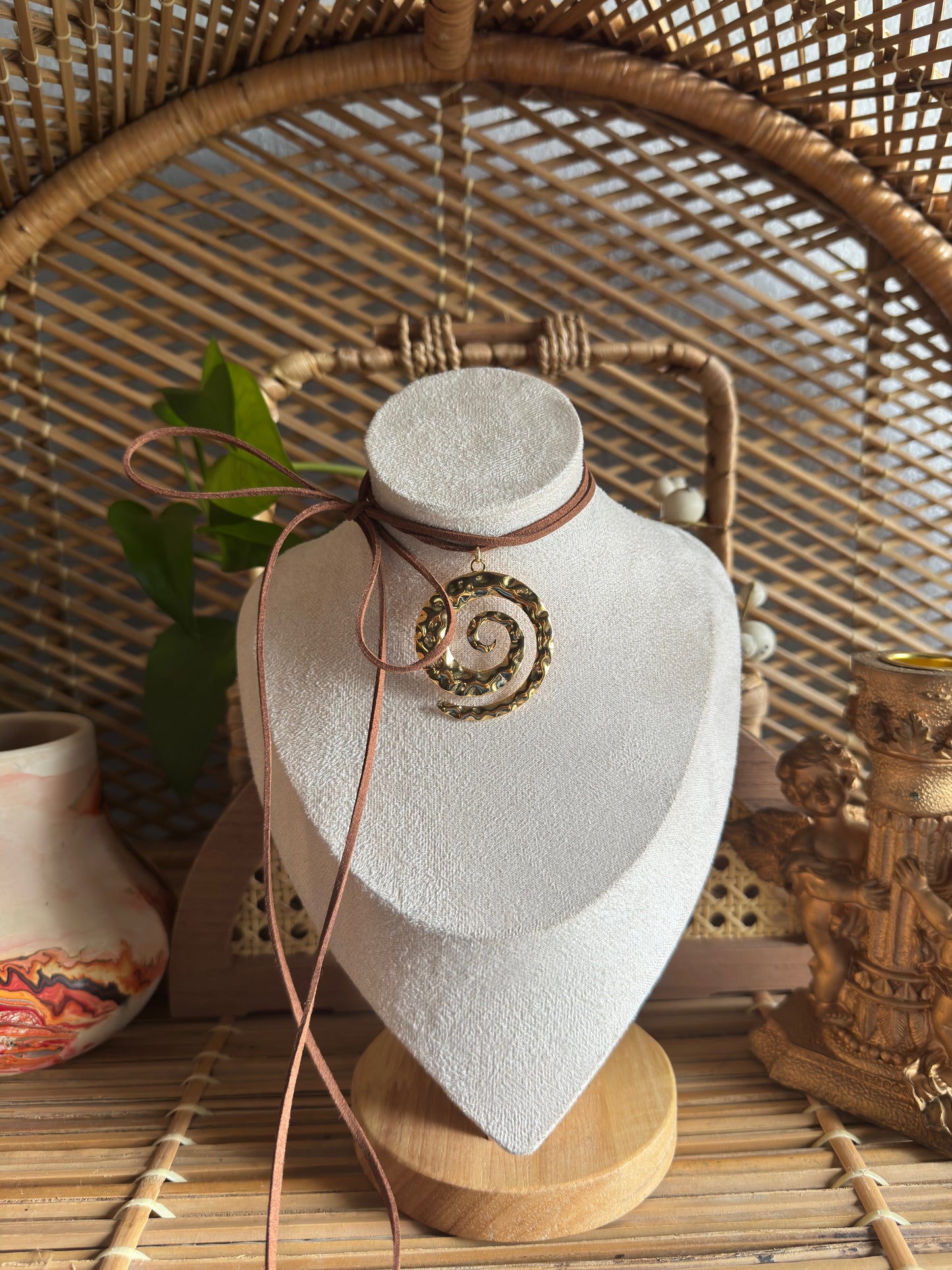 gold swirl suede cord necklace