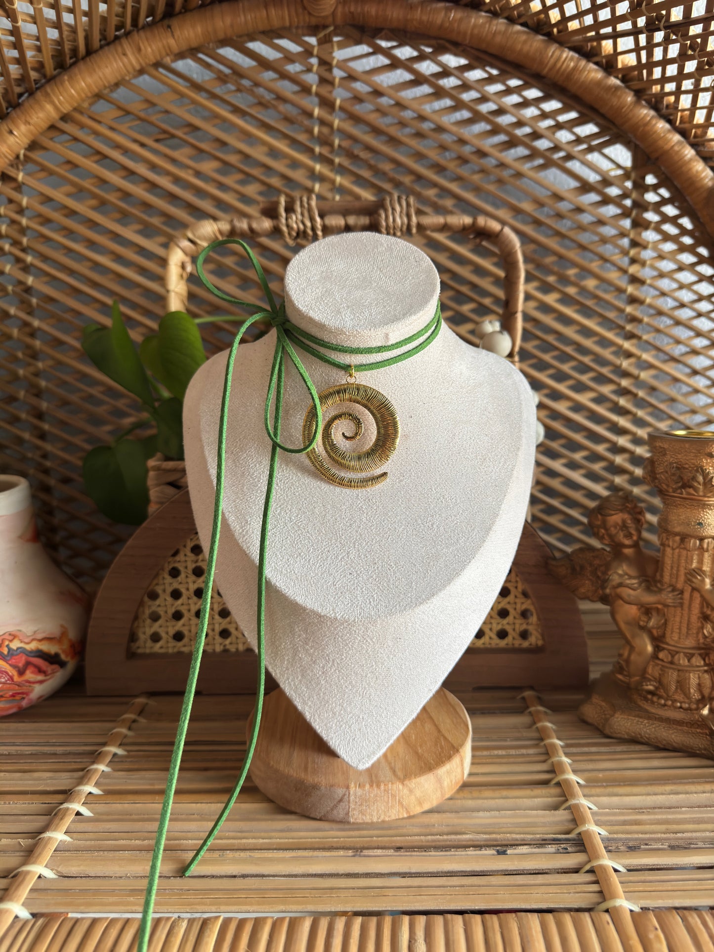 large gold swirl green suede necklace