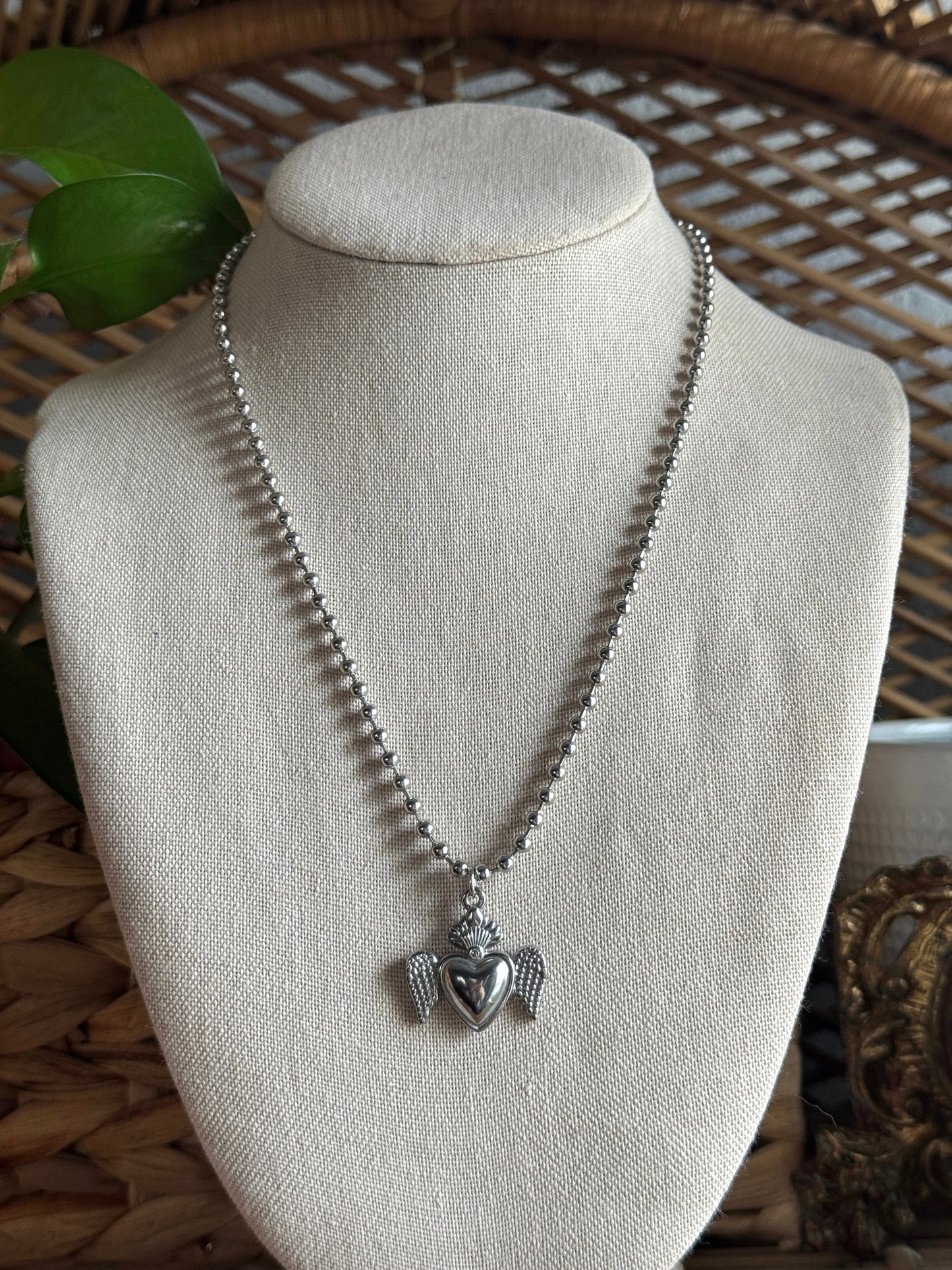 small flaming heart stainless steel ball chain necklace