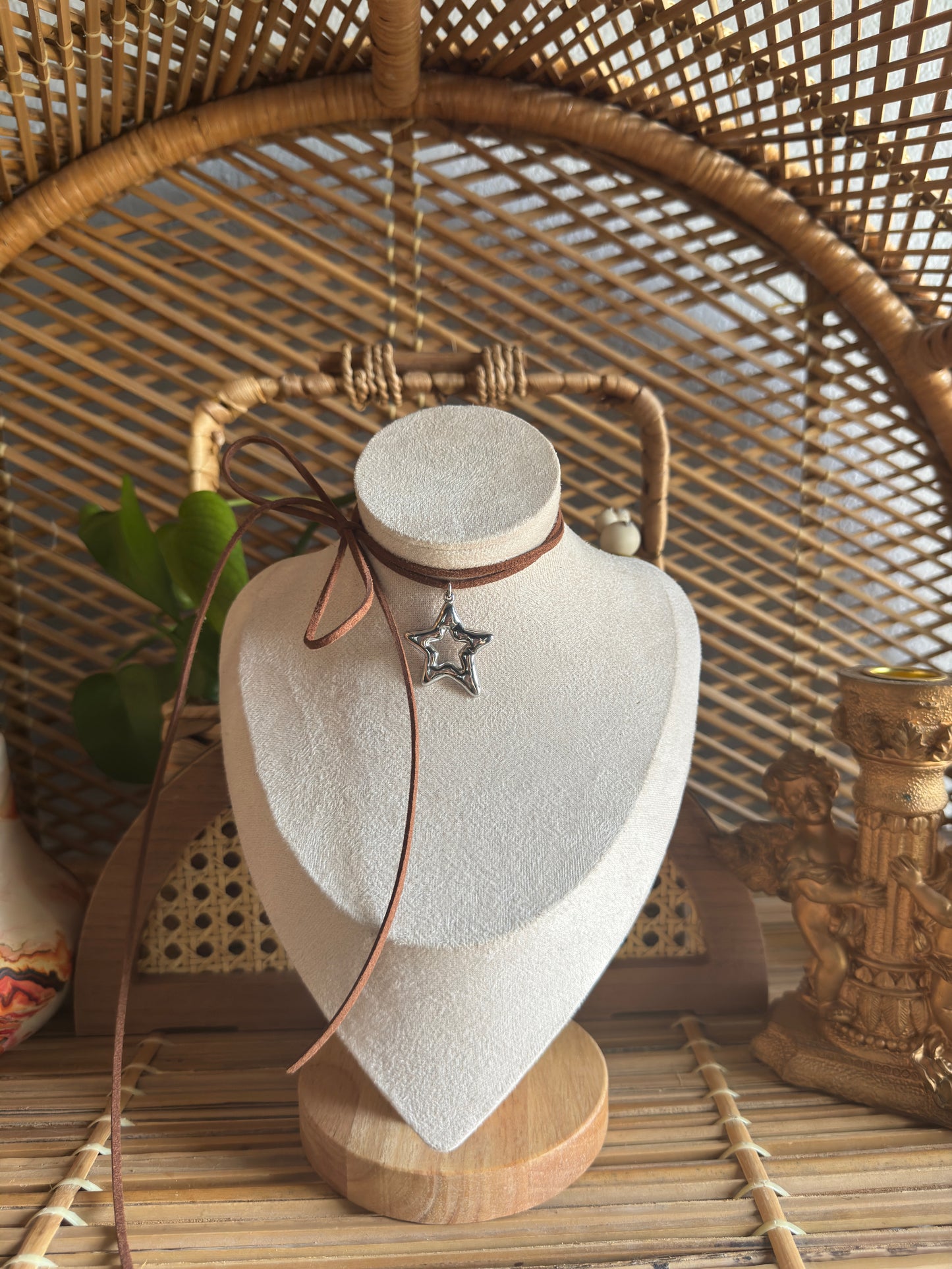 large stainless steel star brown suede necklace
