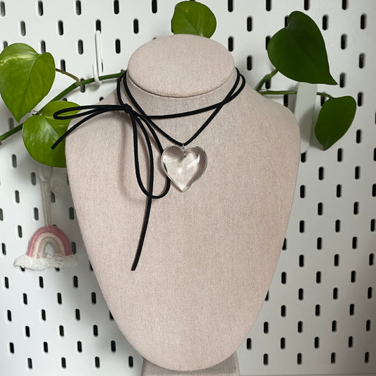 clear large glass heart suede cord necklace