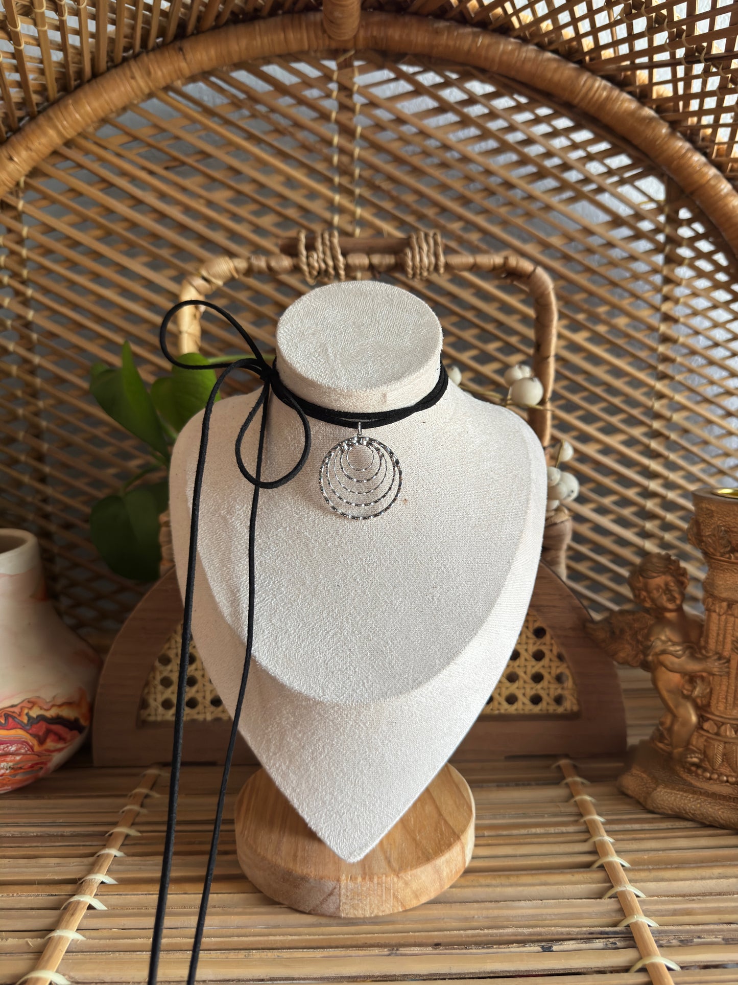 stainless steel textured swirl black suede necklace