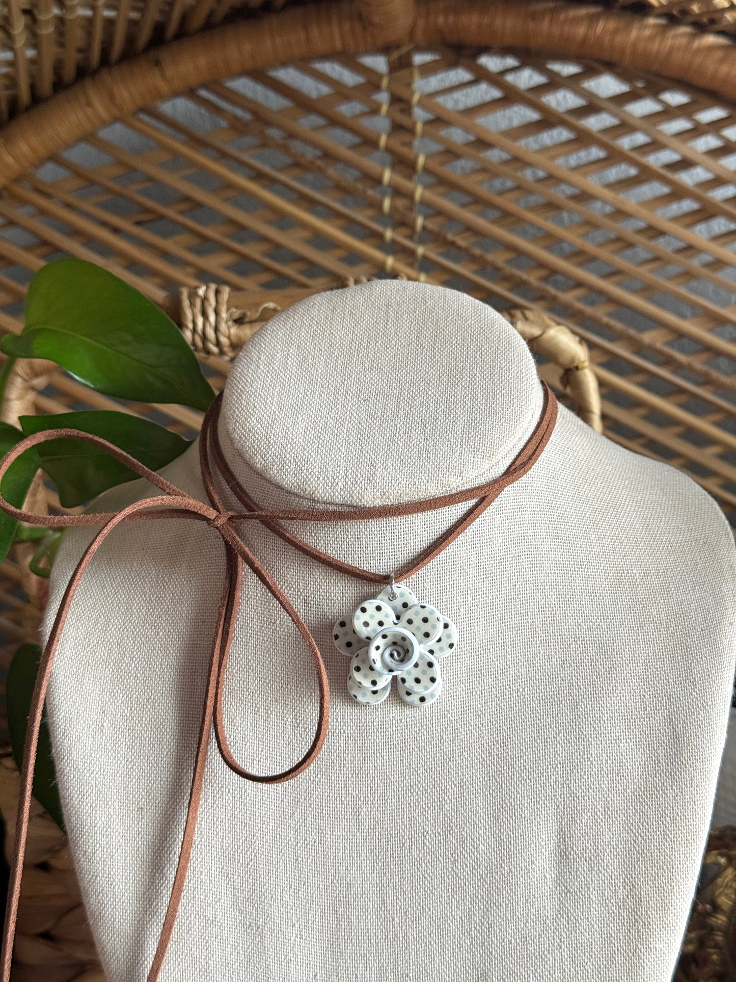 polka dot flower brown suede cord necklace