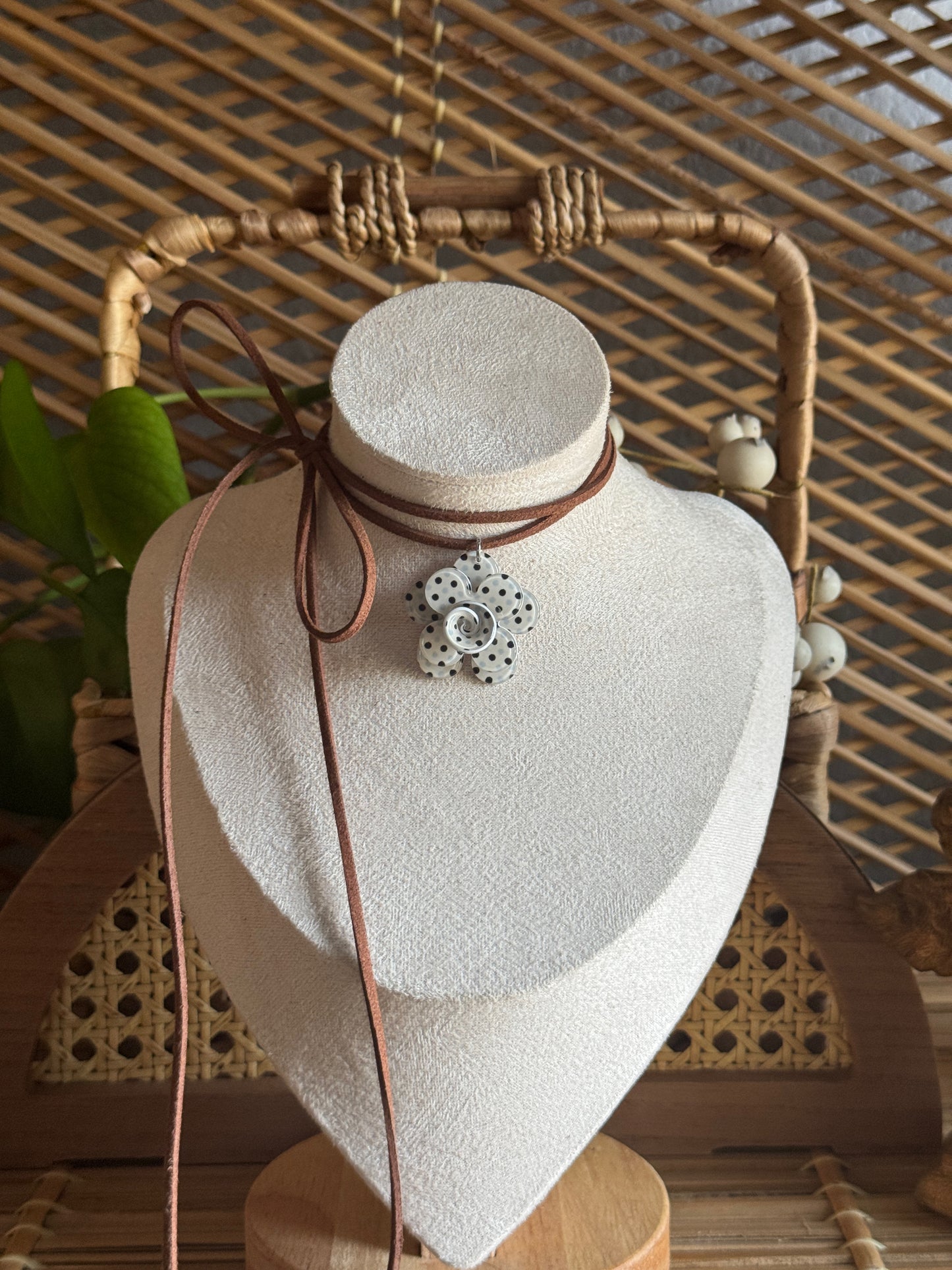 small polka dot flower brown suede necklace