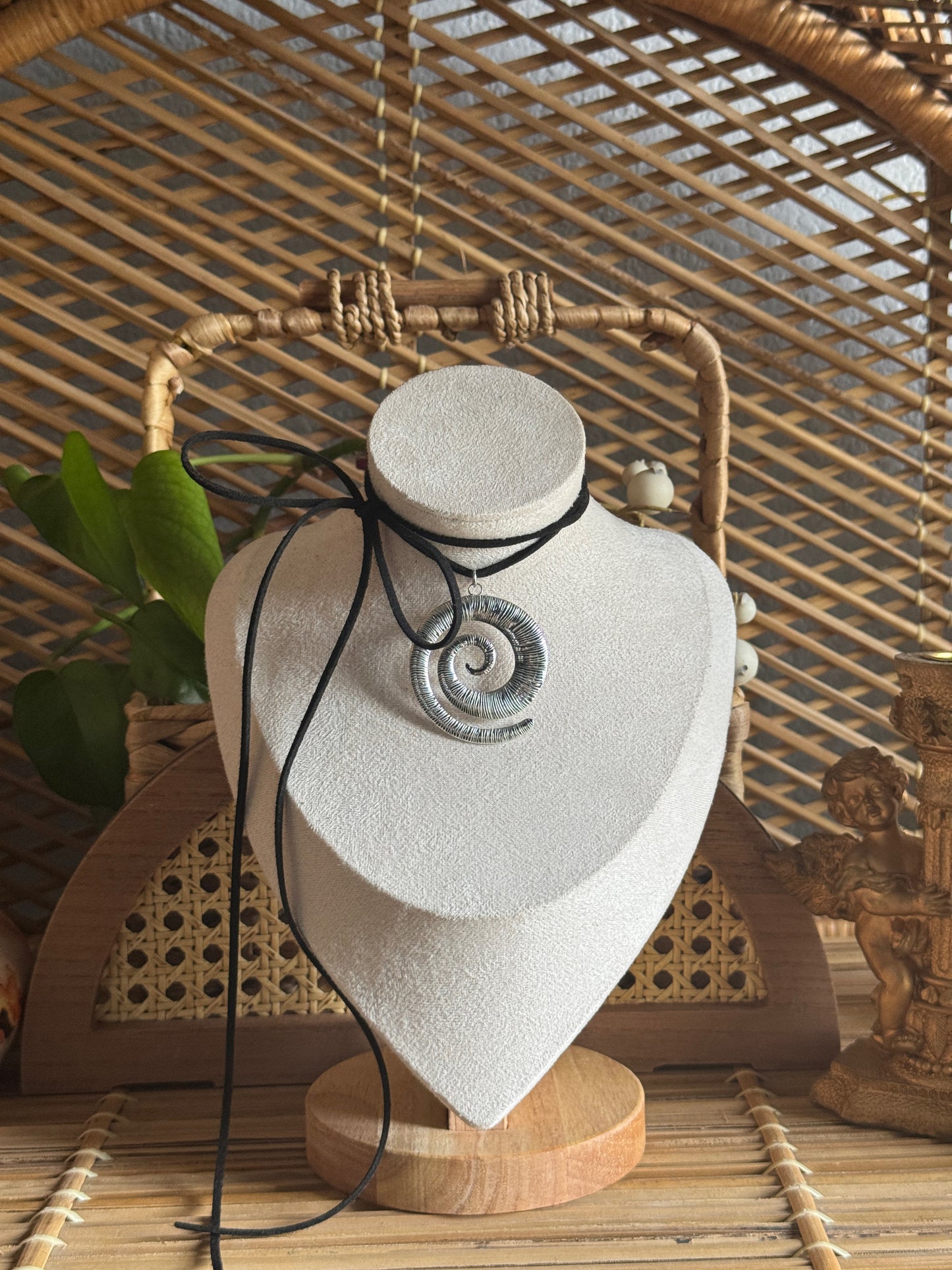 large stainless steel tibetan swirl black suede necklace