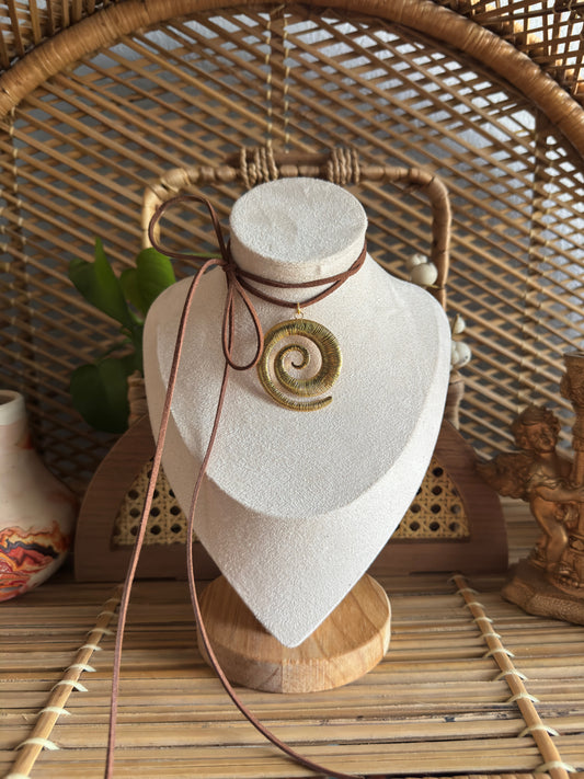 large gold swirl brown suede necklace
