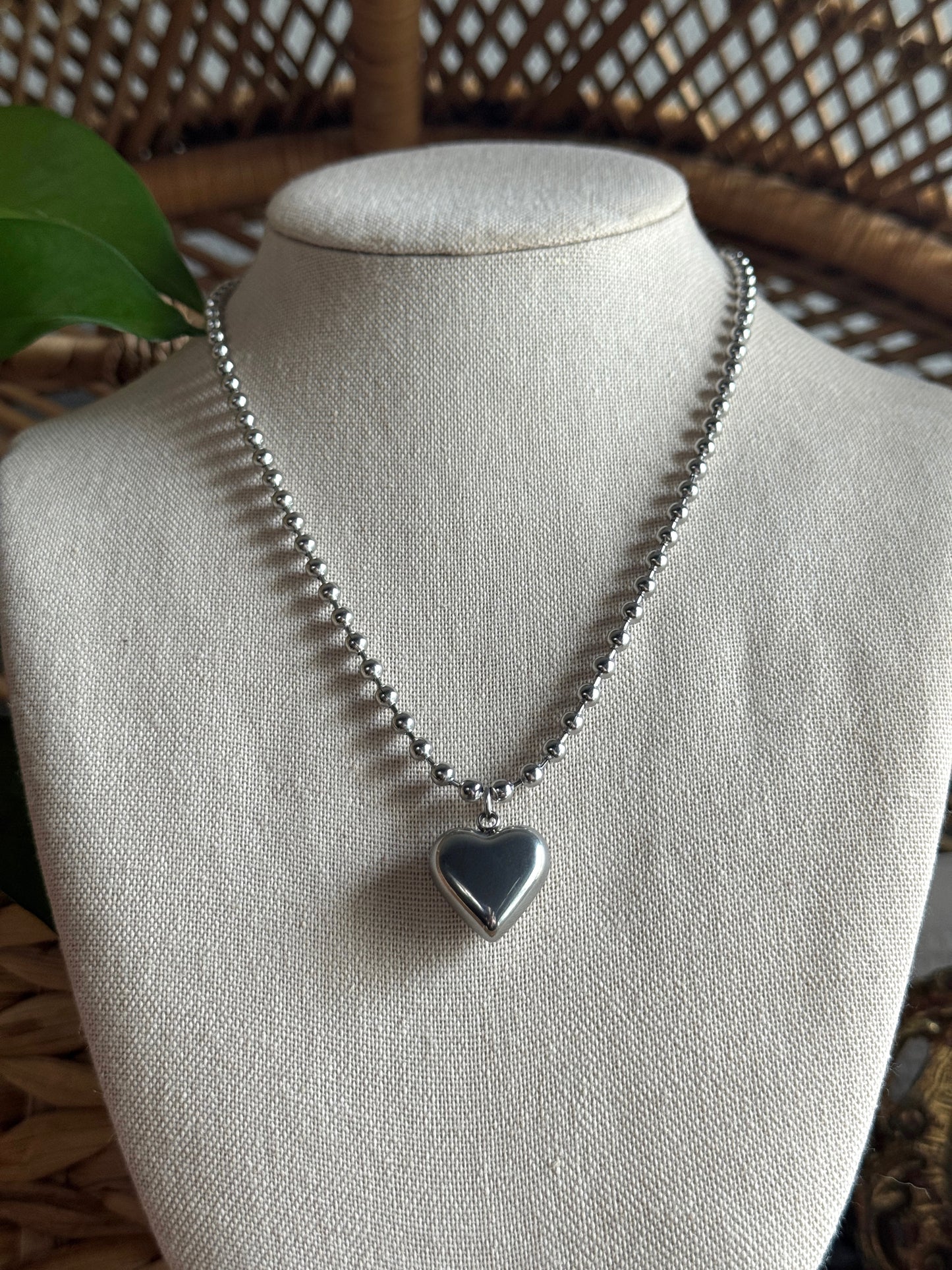puffy heart stainless steel ball chain necklace