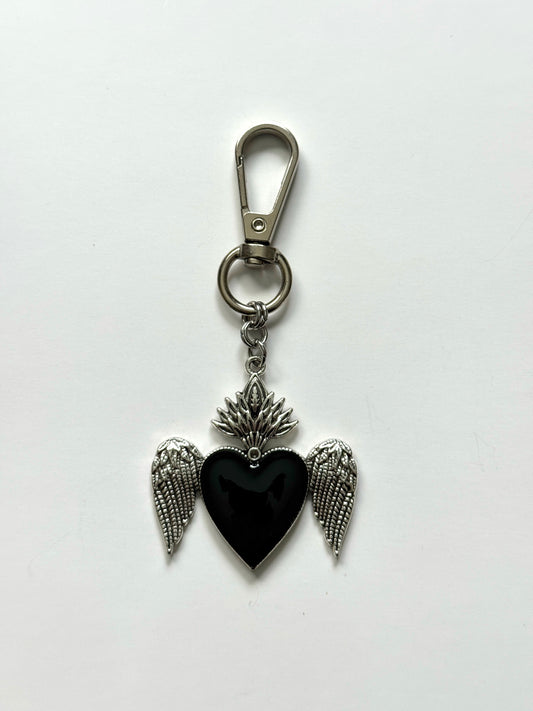black flaming heart bag charm