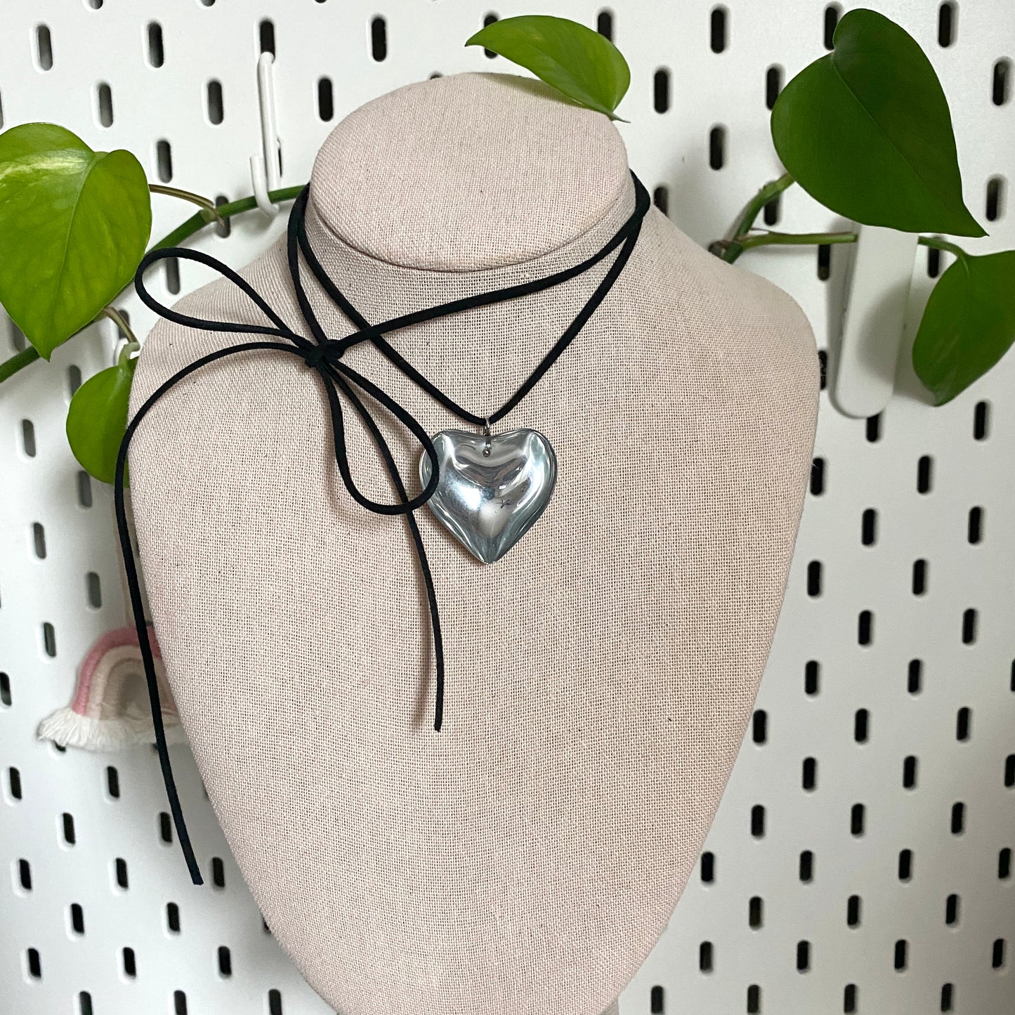 silver large glass heart suede cord necklace