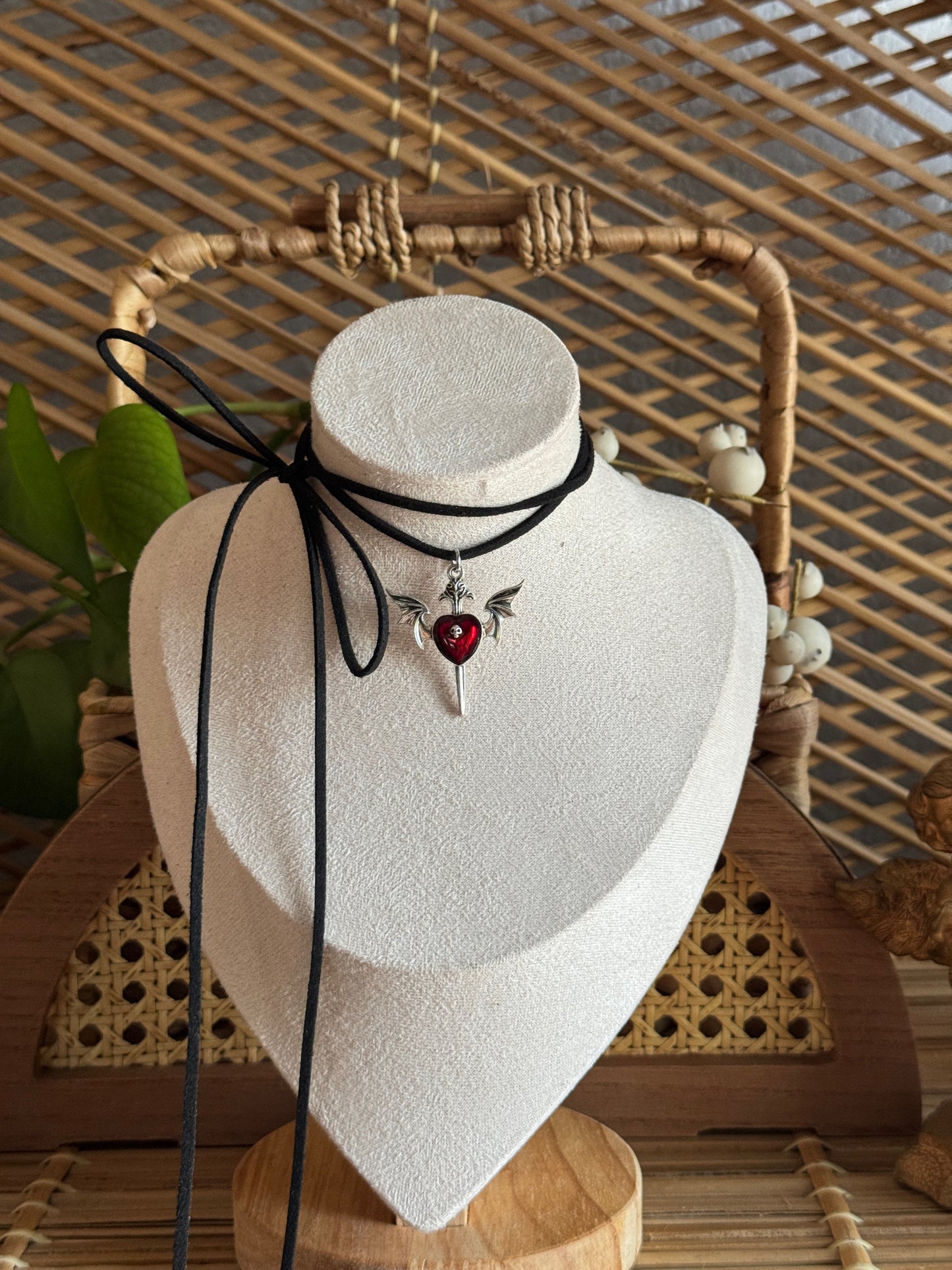 red heart dagger black suede necklace