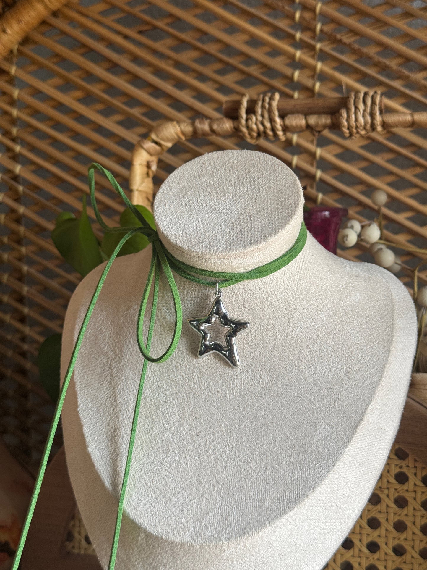large stainless steel star green suede necklace