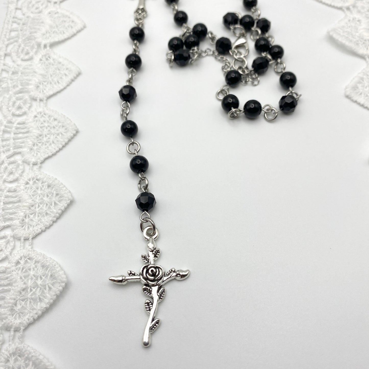 small holy trinity - in black rosary necklace