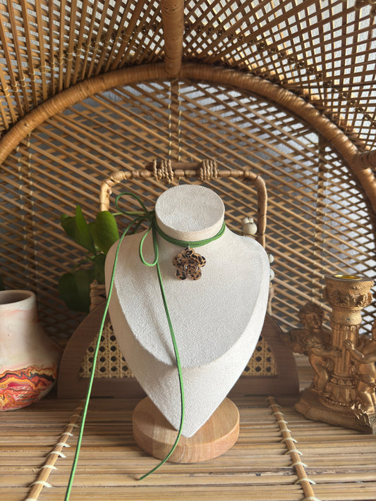 small leopard flower green suede necklace