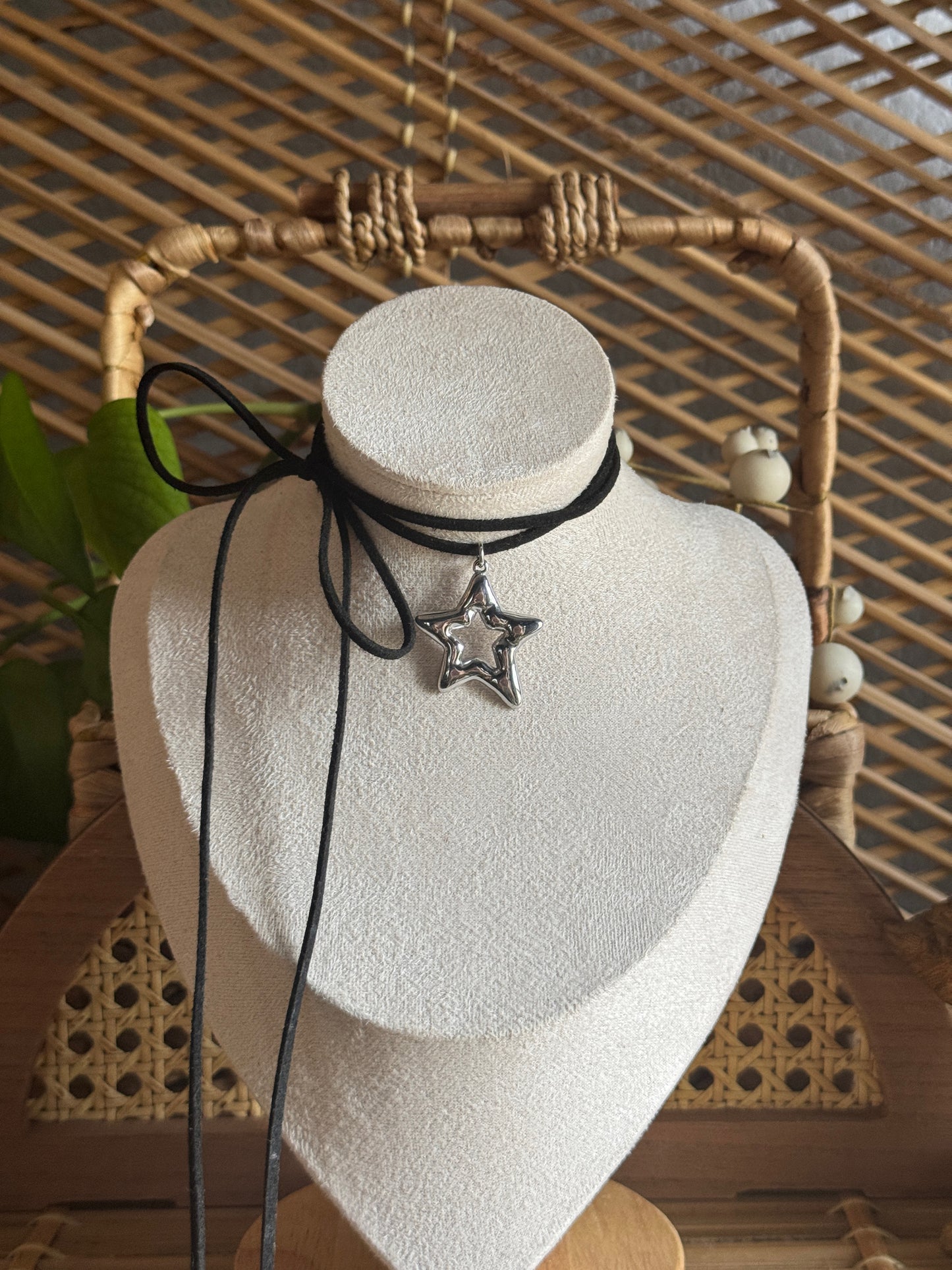 large stainless steel star black suede necklace