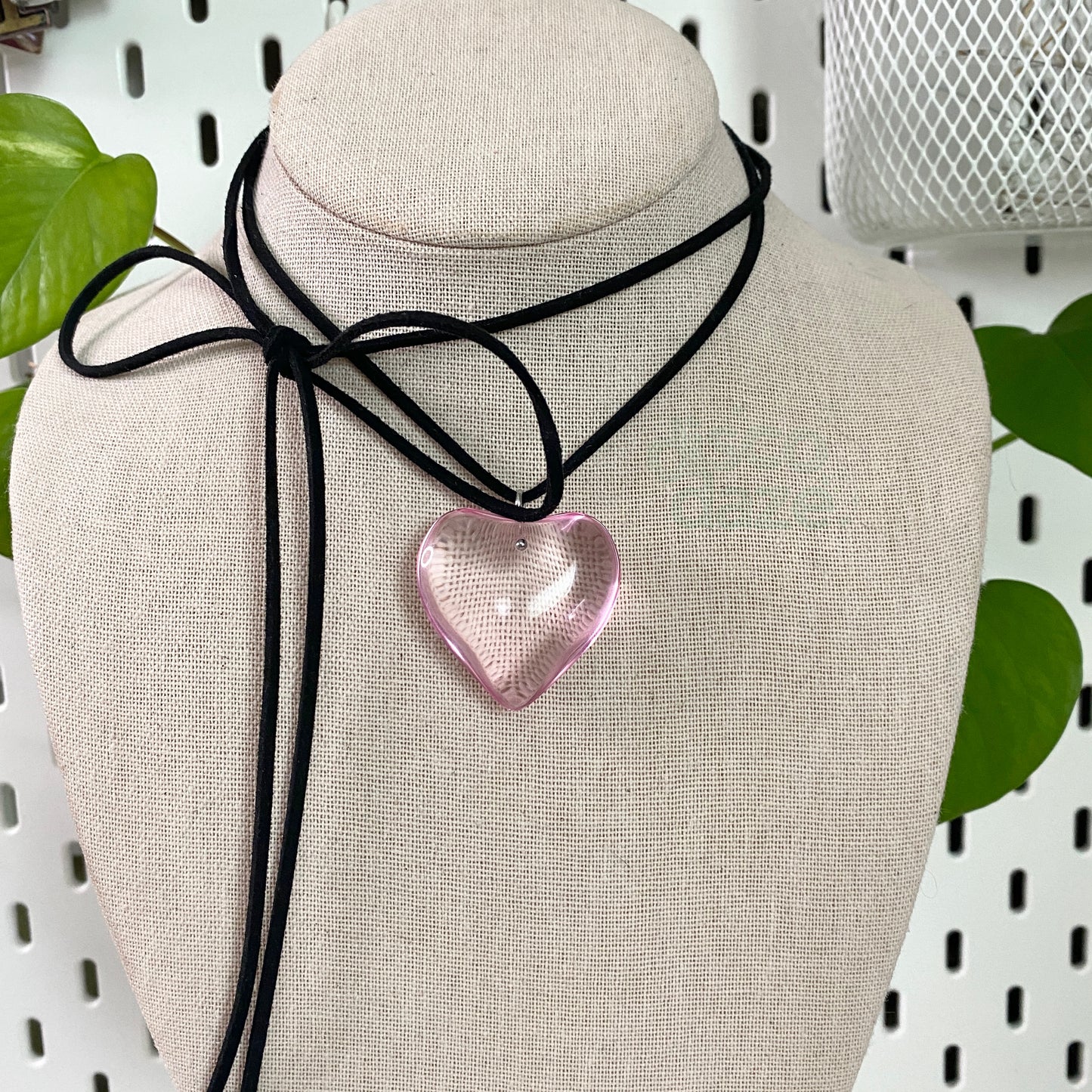 light pink large glass heart suede cord necklace