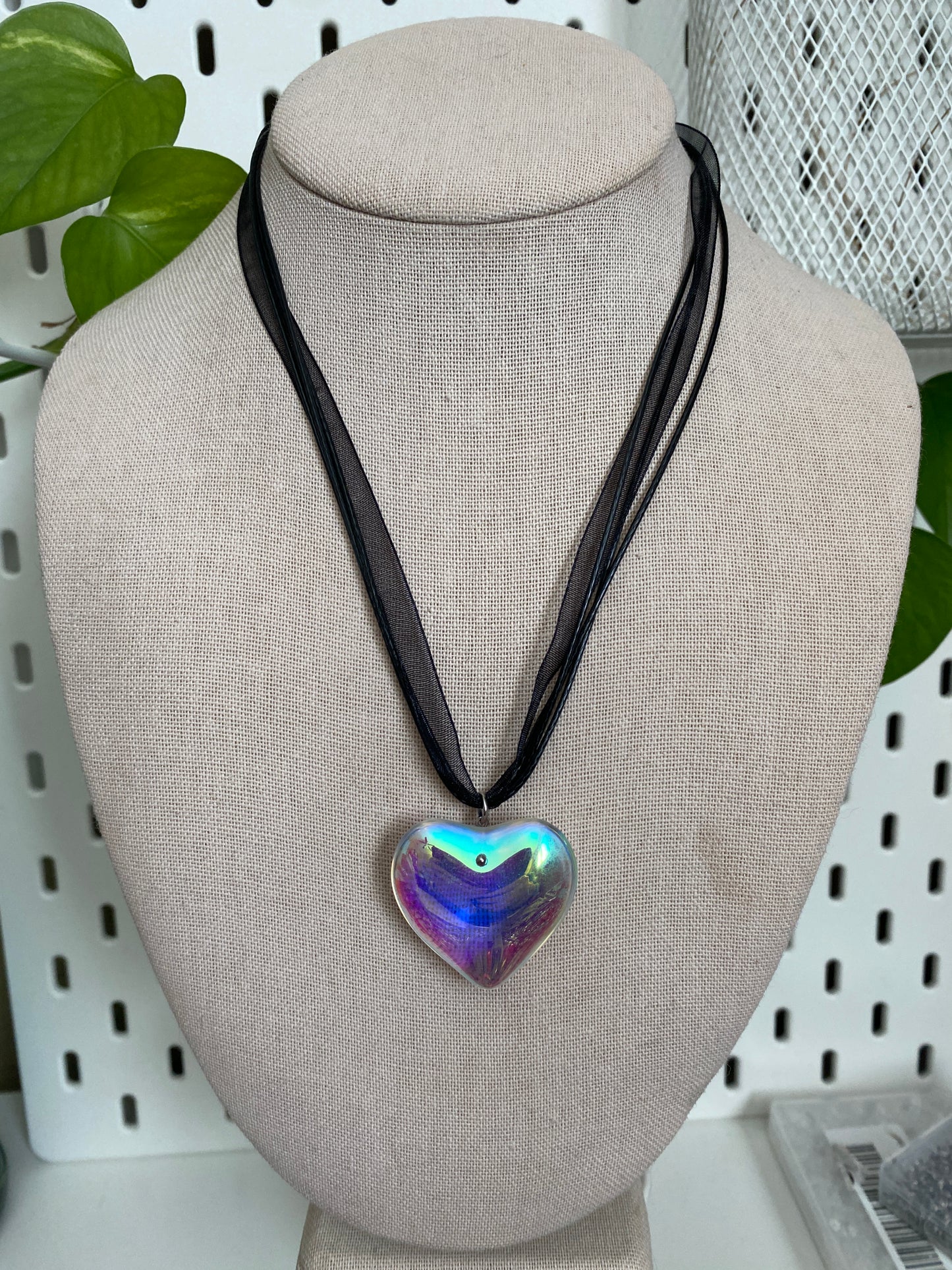 large iridescent glass heart necklace