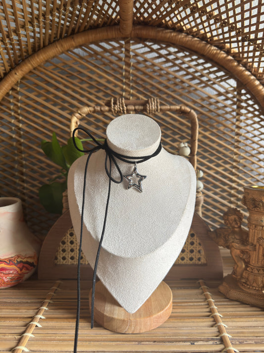 large stainless steel star black suede necklace