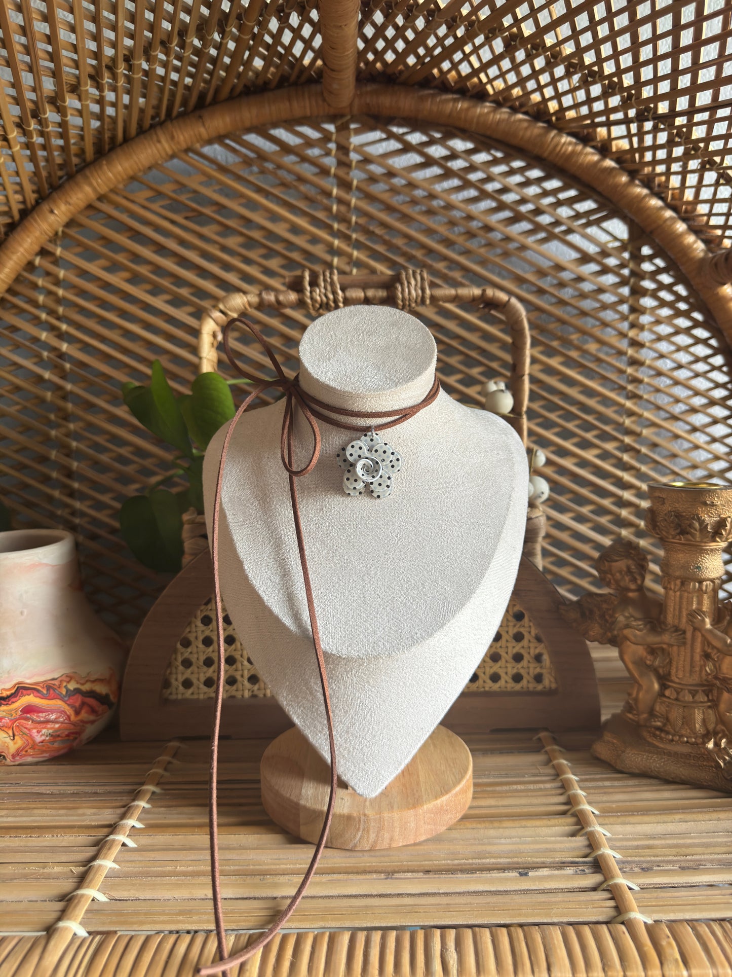 small polka dot flower brown suede necklace