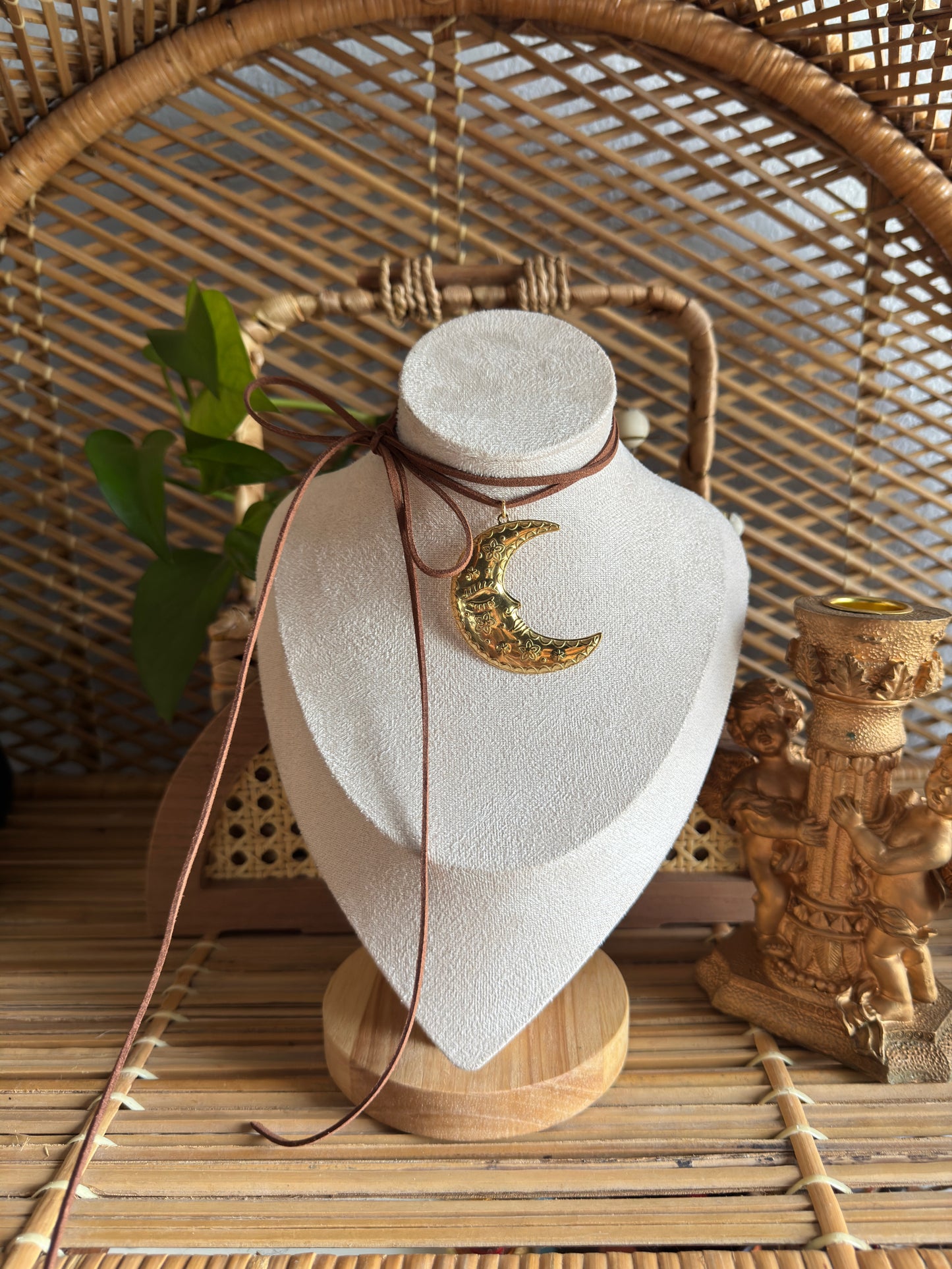 gold moon suede cord necklace