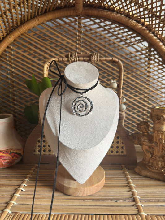 large swirl stainless steel black suede necklace