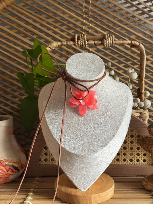 pink peach flower suede cord necklace