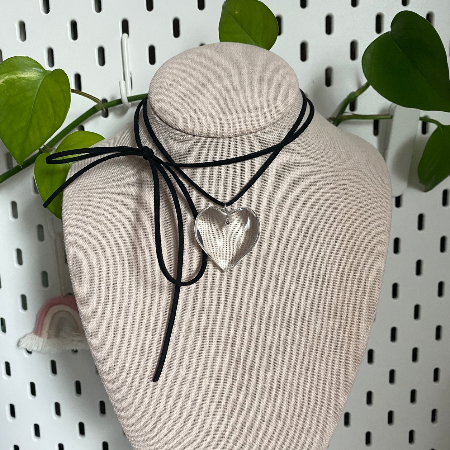 clear large glass heart suede cord necklace