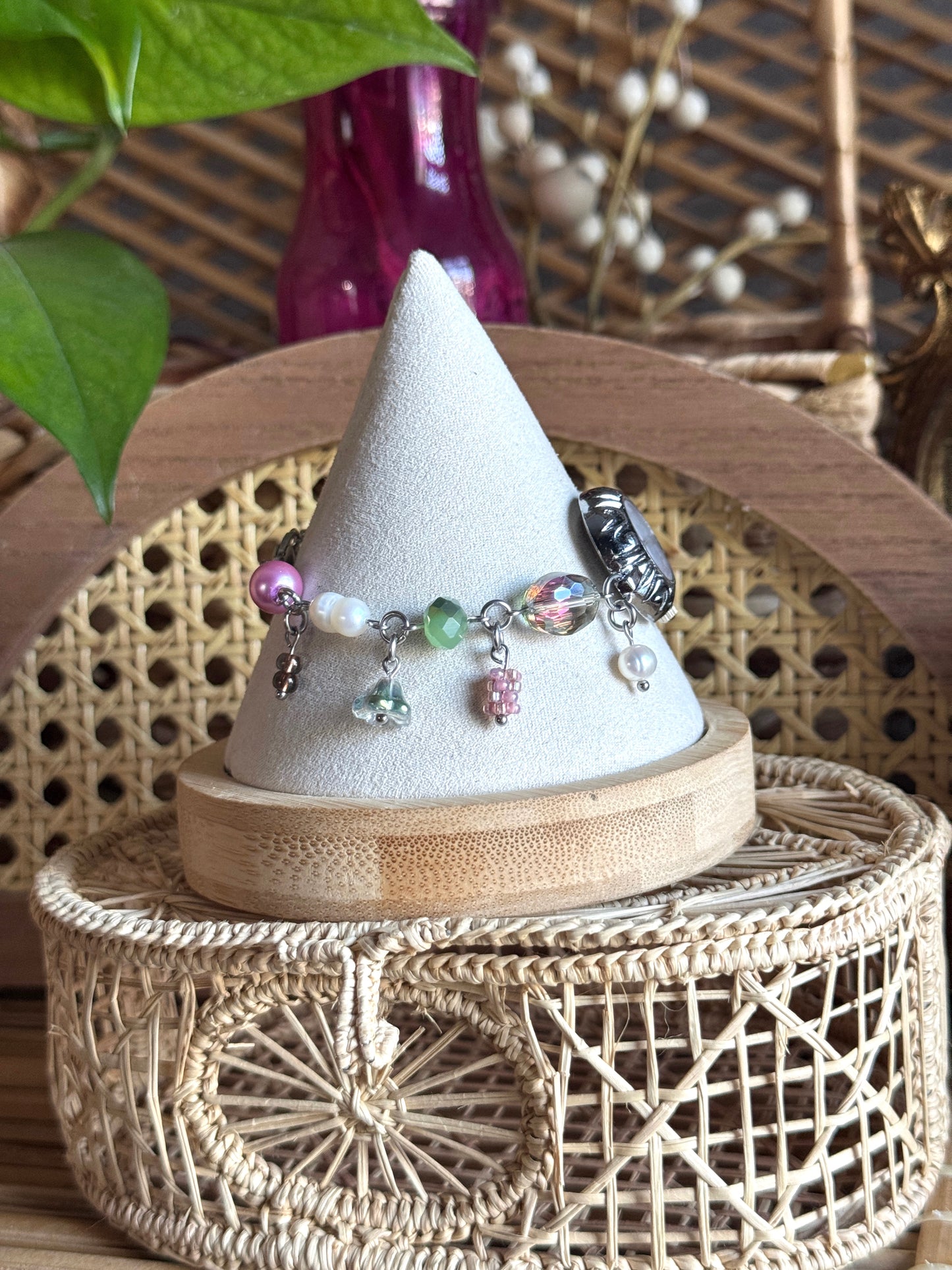 botanical blush watch charm bracelet