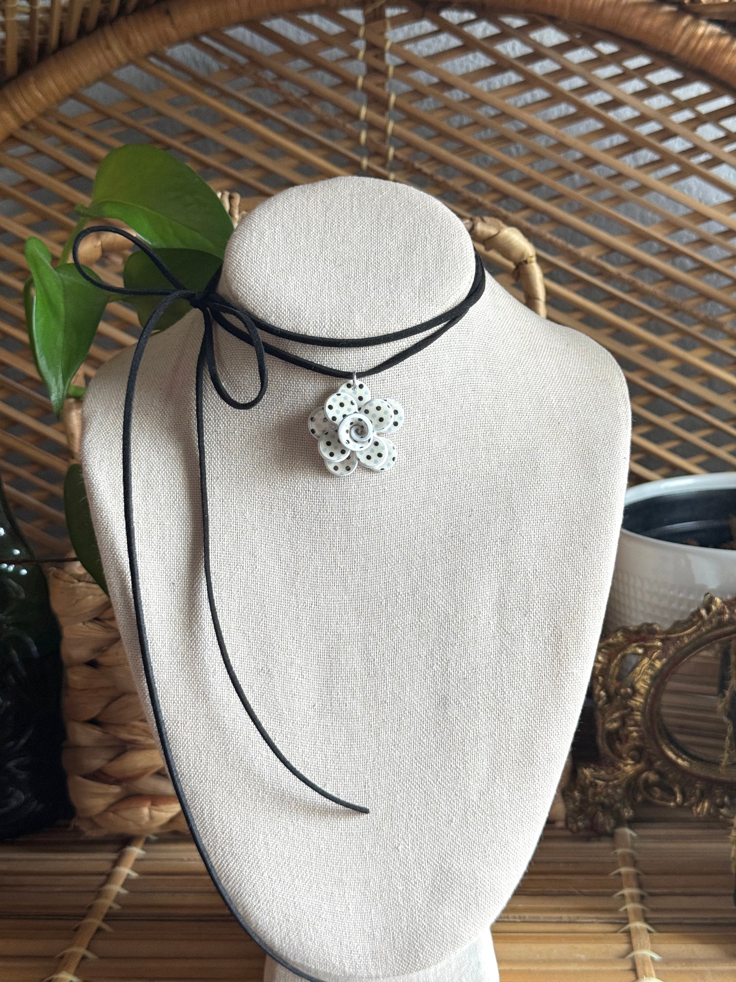 polka dot flower black suede cord necklace