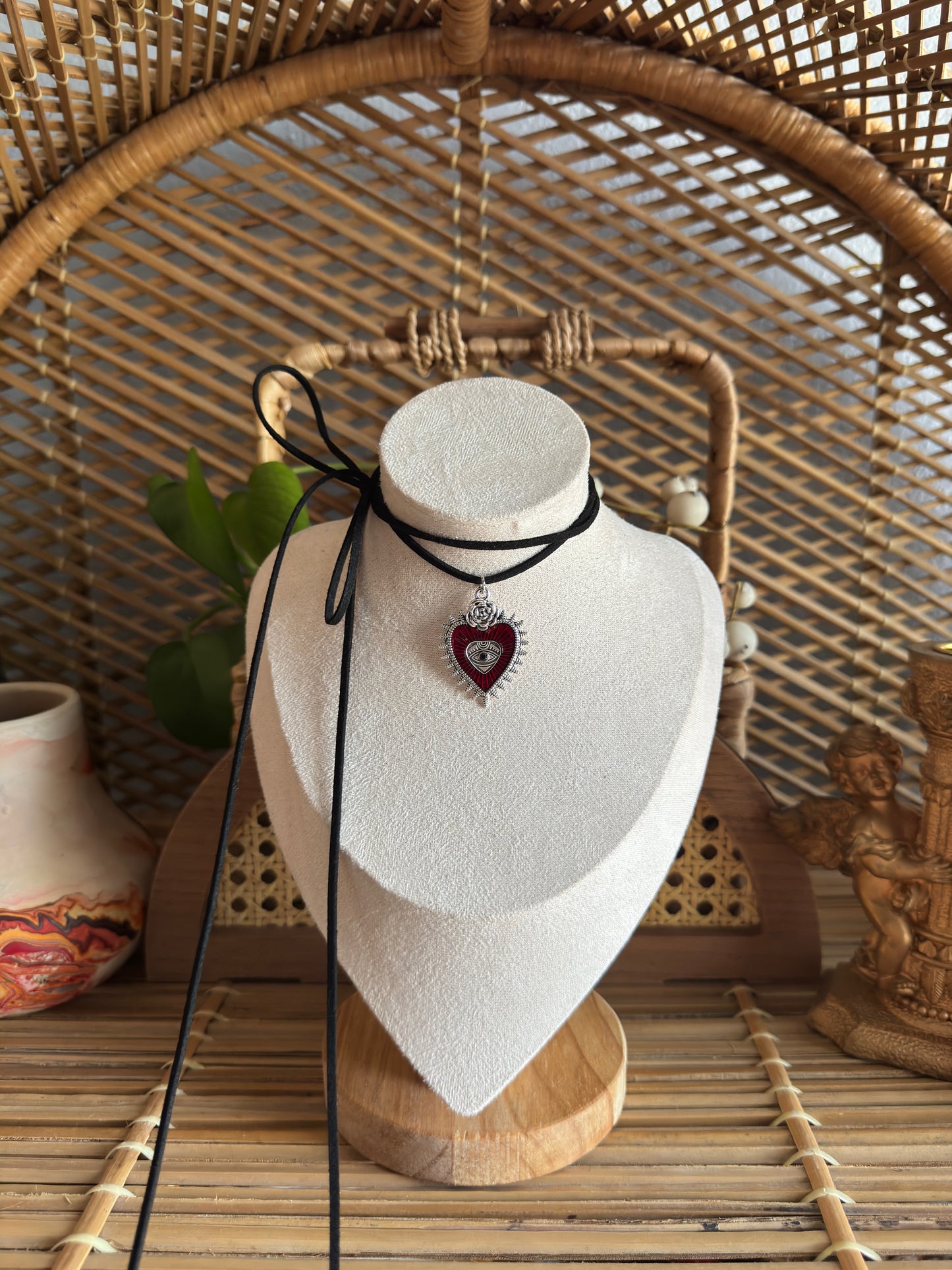 red & black sacred heart black suede necklace
