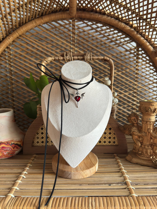 red heart dagger black suede necklace