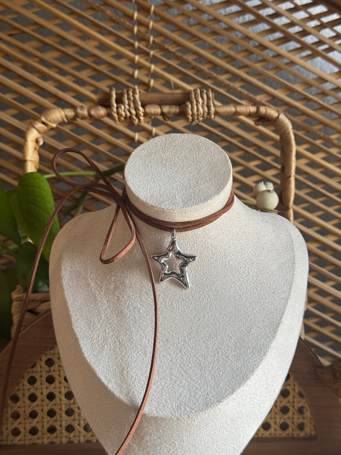 large stainless steel star brown suede necklace