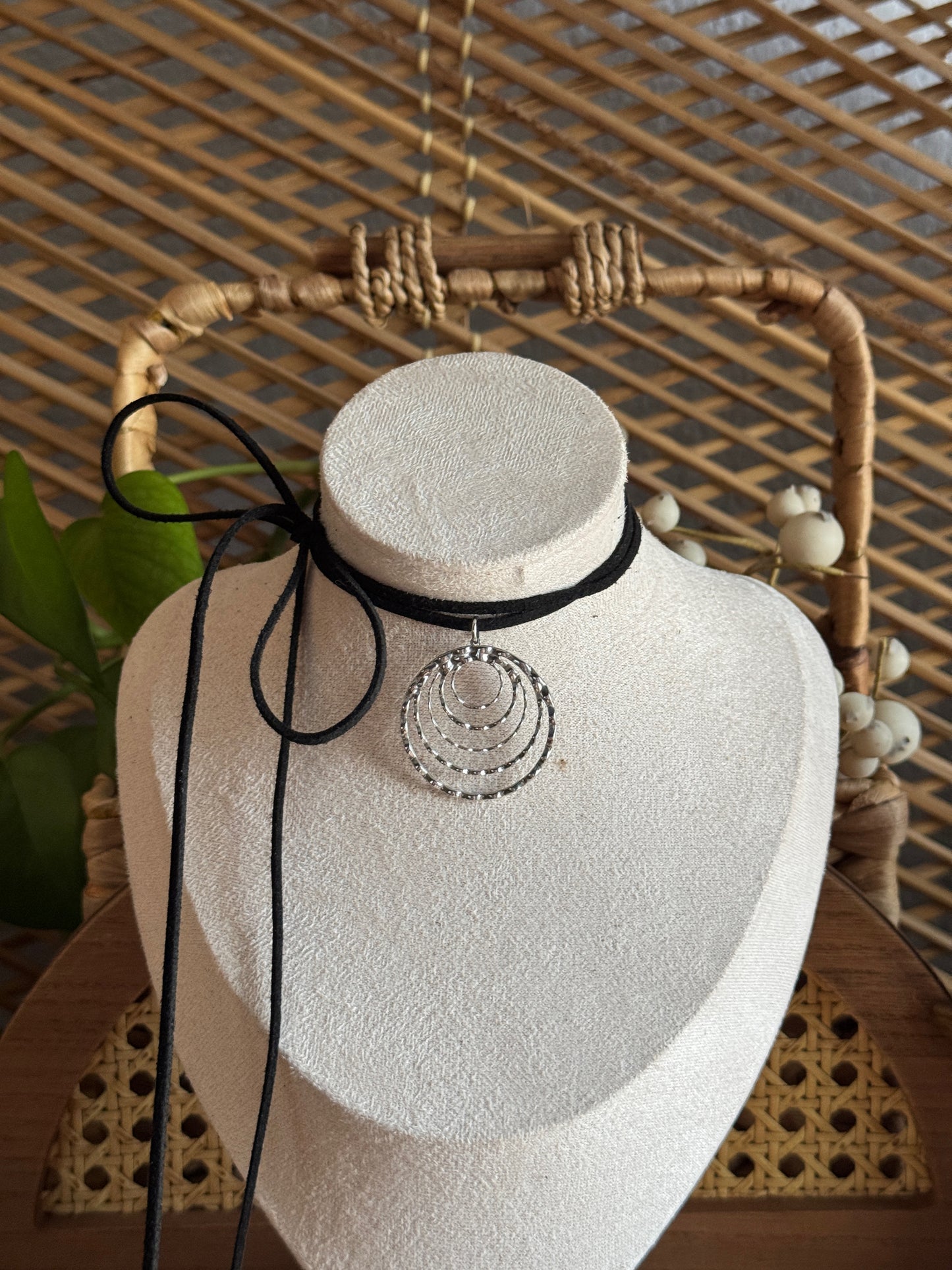 stainless steel textured swirl black suede necklace