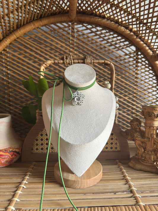 small polka dot flower green suede necklace