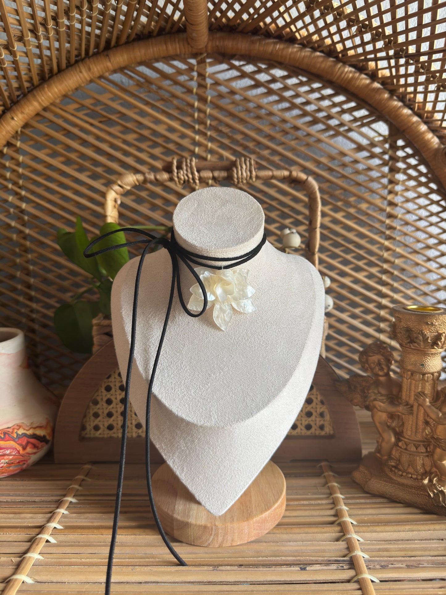 cream flower black suede necklace