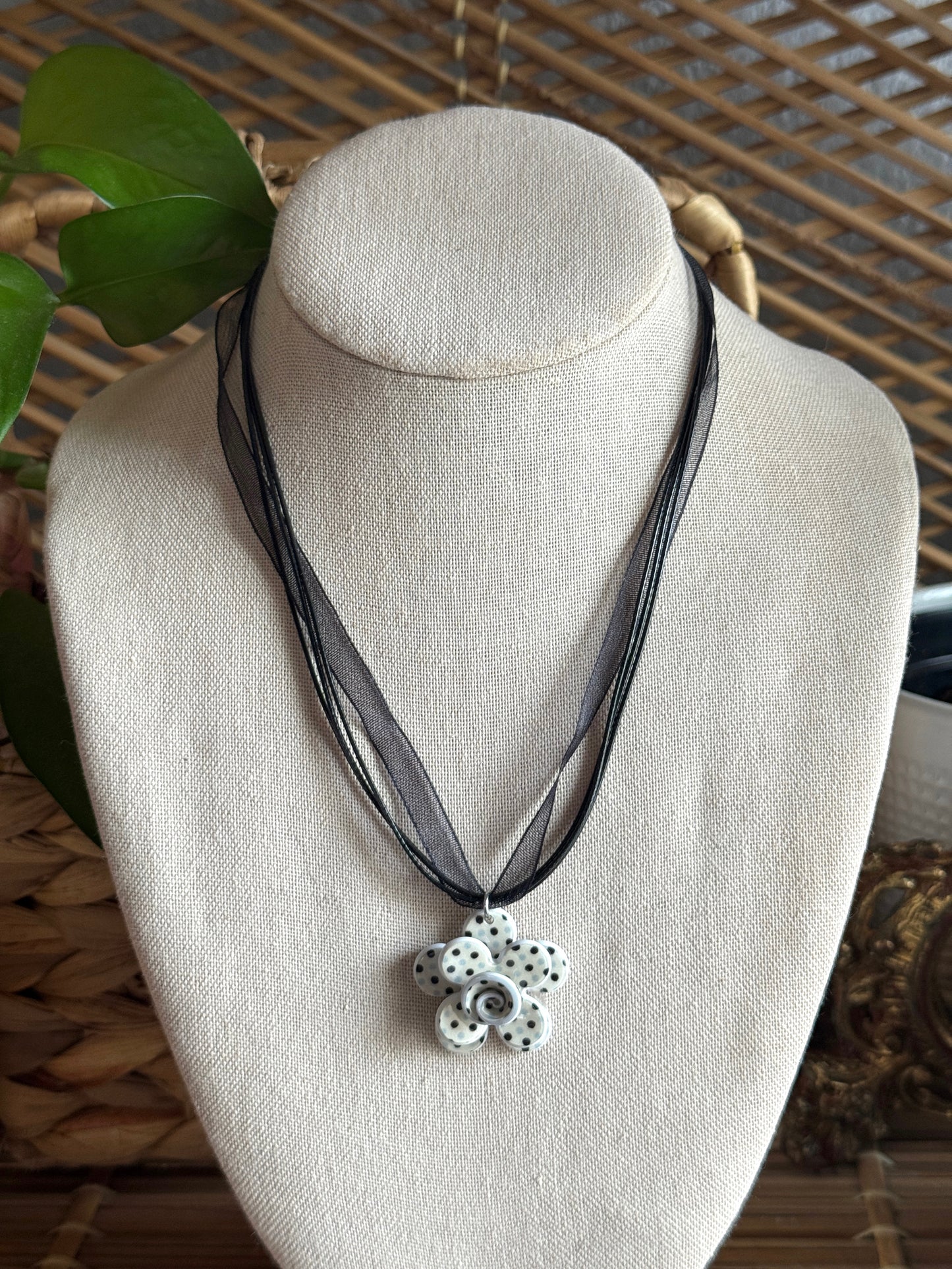 polka dot flower black ribbon cord necklace